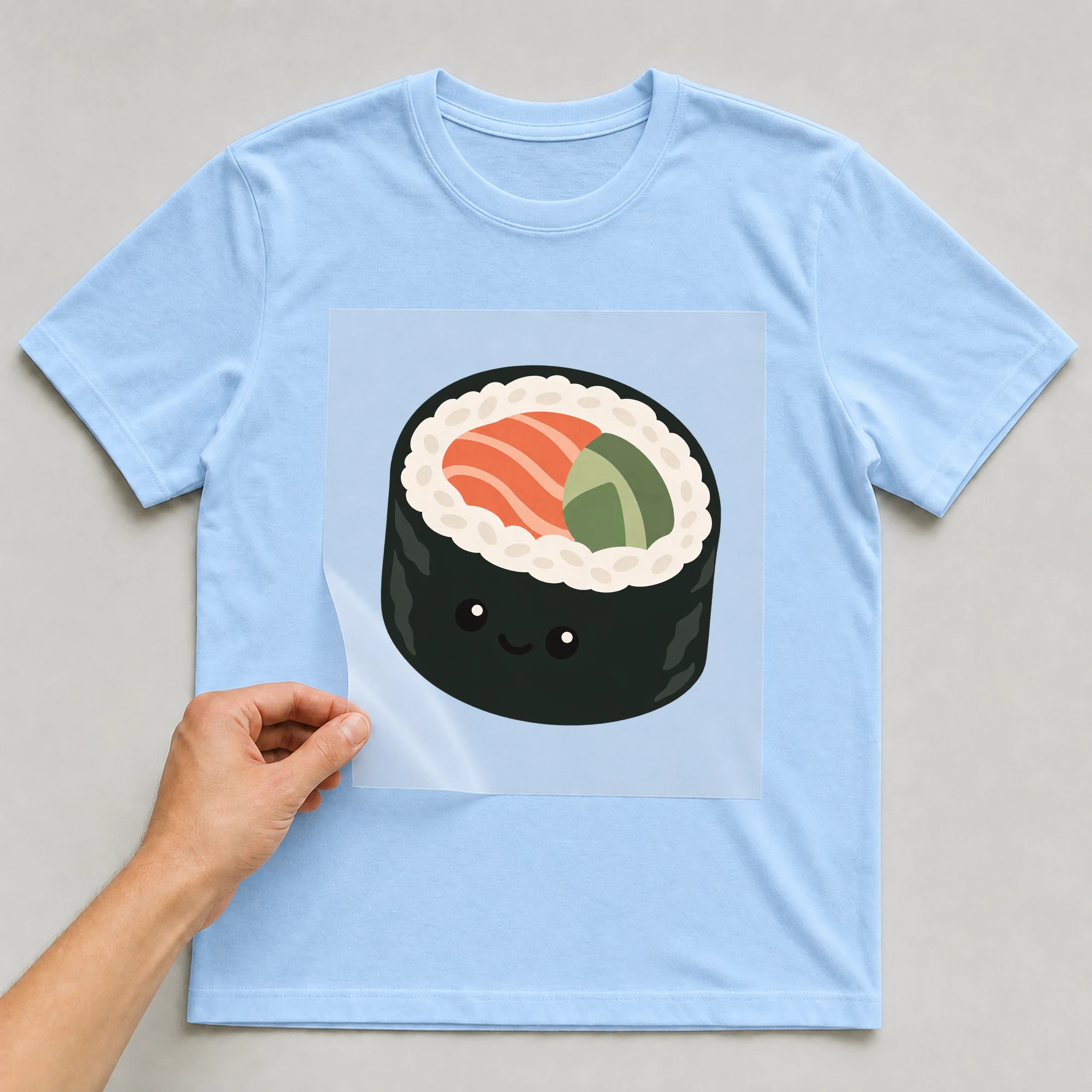 Bügelbild „Sushi“ auf babyblauem T-Shirt, Folie wird aufgelegt