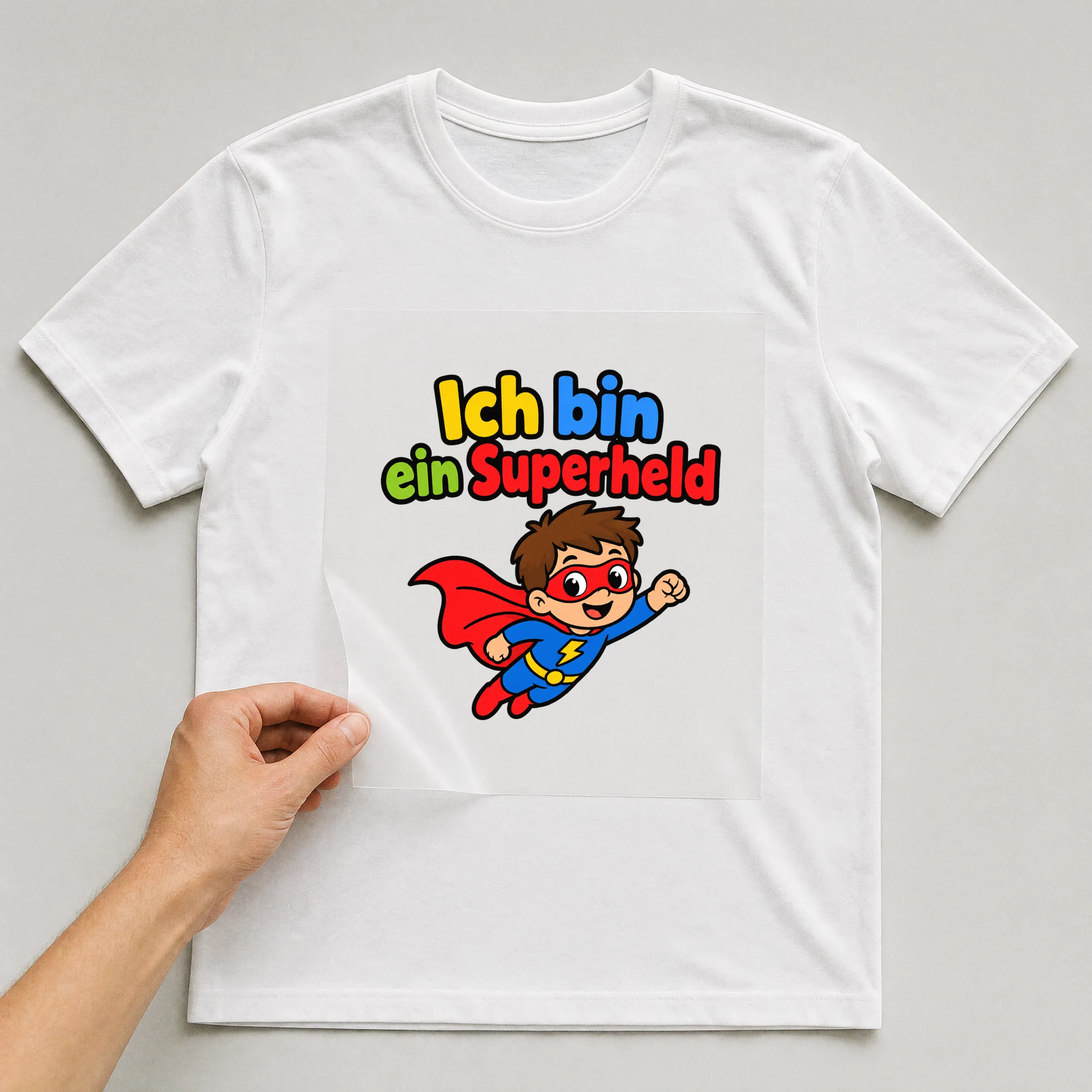 Bügelbild „Ich bin ein Superheld“ auf weißem T-Shirt, Folie wird aufgelegt