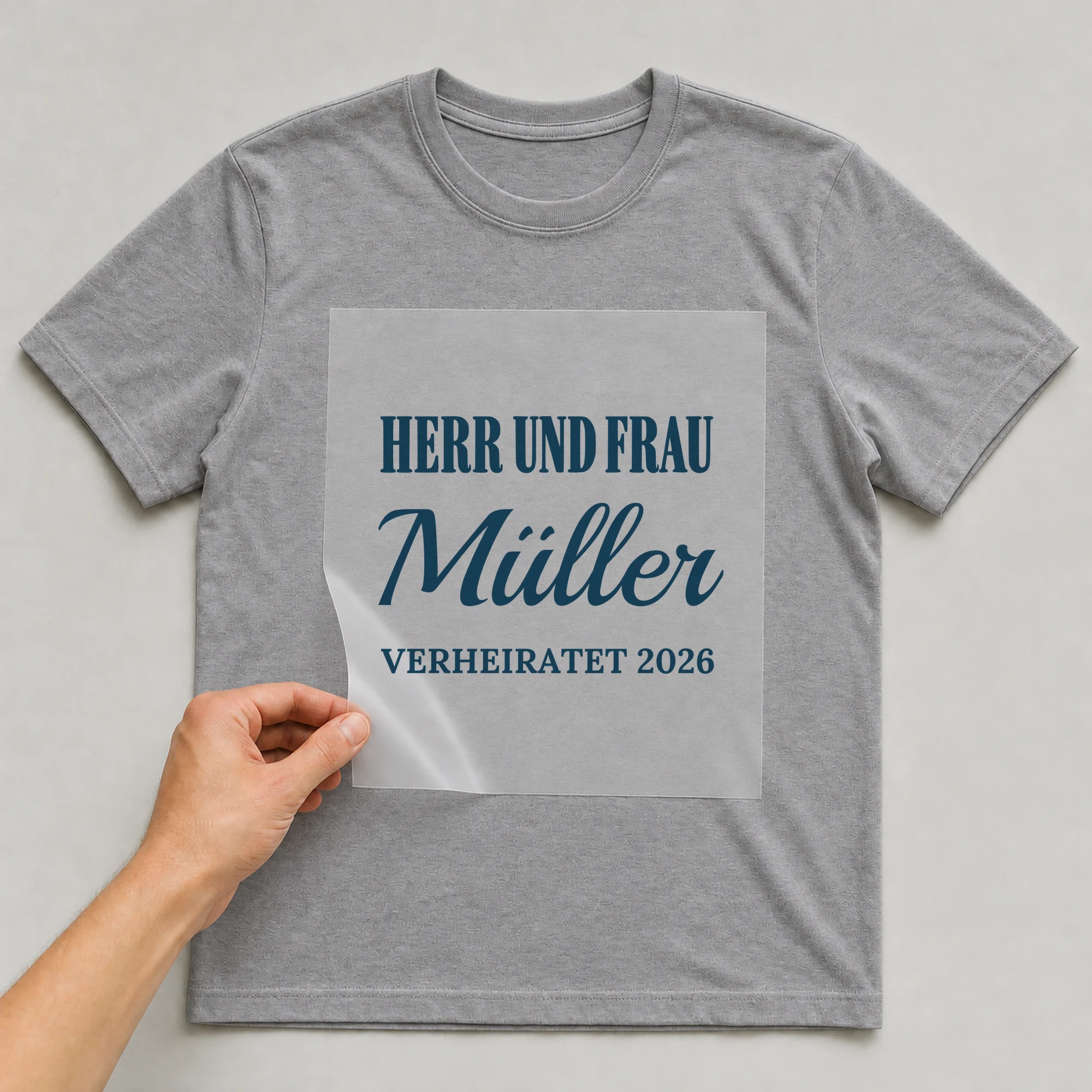 Bügelbild Herr und Frau mit Nachname und Jahr auf grauem T-Shirt, Folie wird aufgelegt