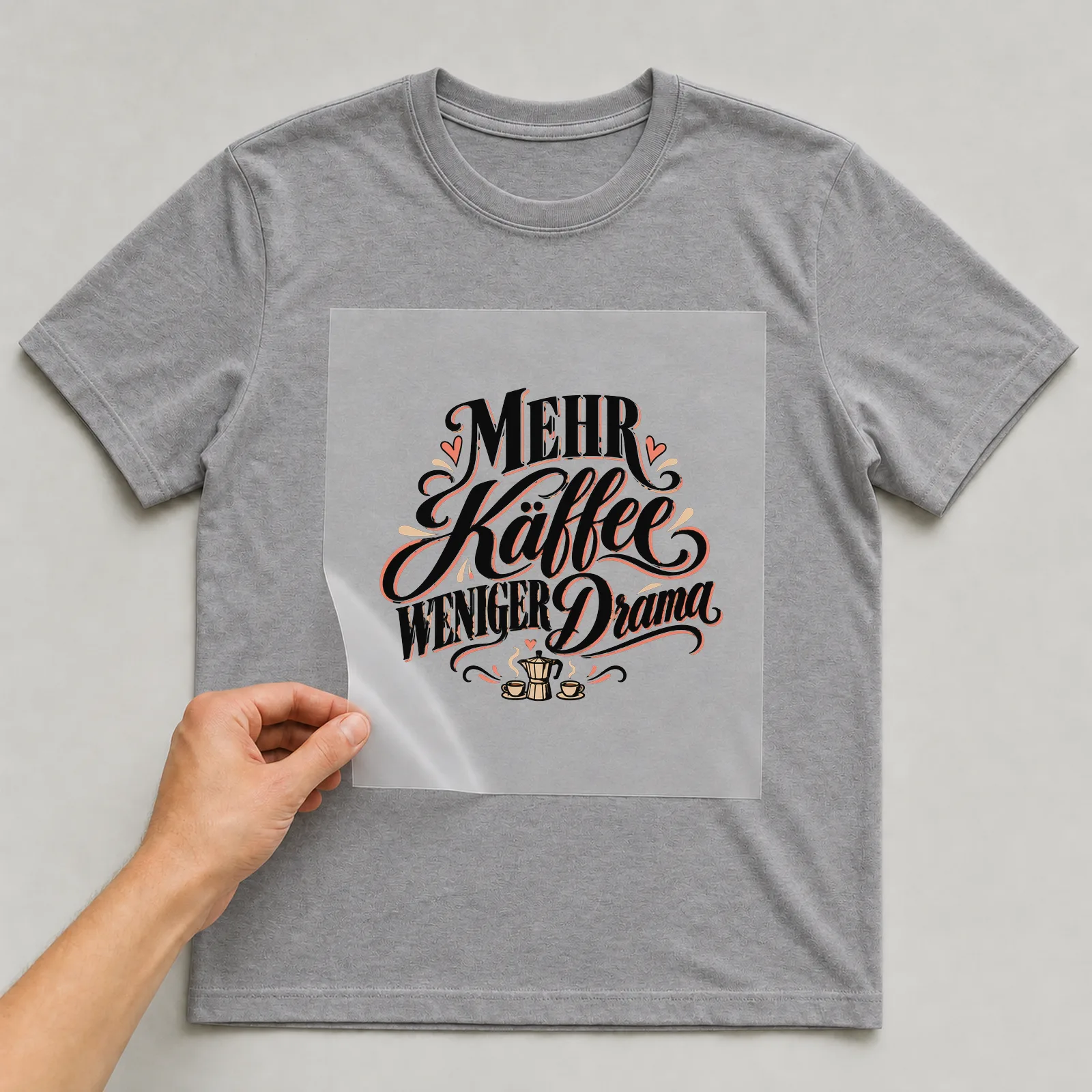 Bügelbild „Mehr Kaffee weniger Drama“ auf grauem T-Shirt, Folie wird aufgelegt