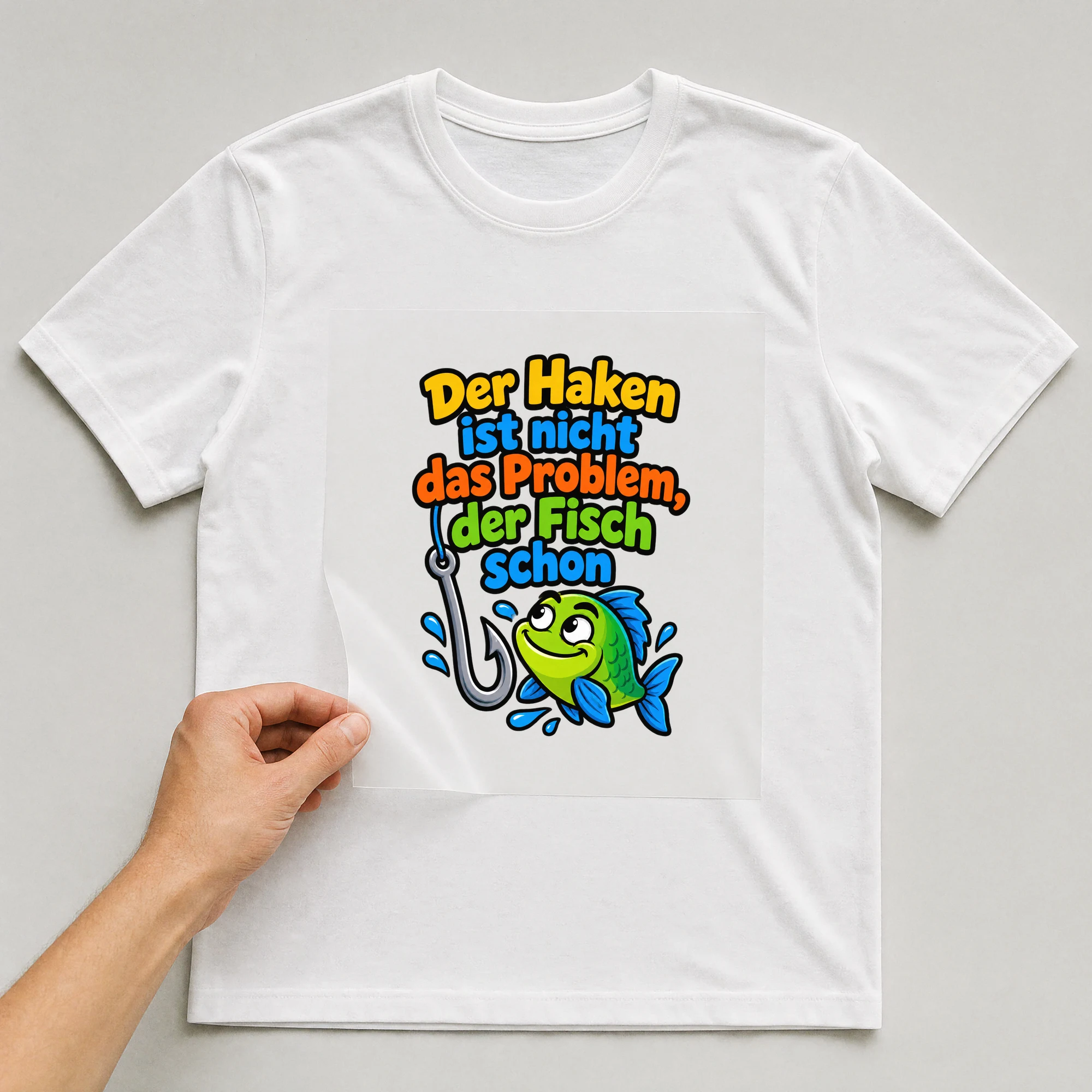 Bügelbild „Der Haken ist nicht das Problem, der Fisch schon“ auf weißem T-Shirt, Folie wird aufgelegt
