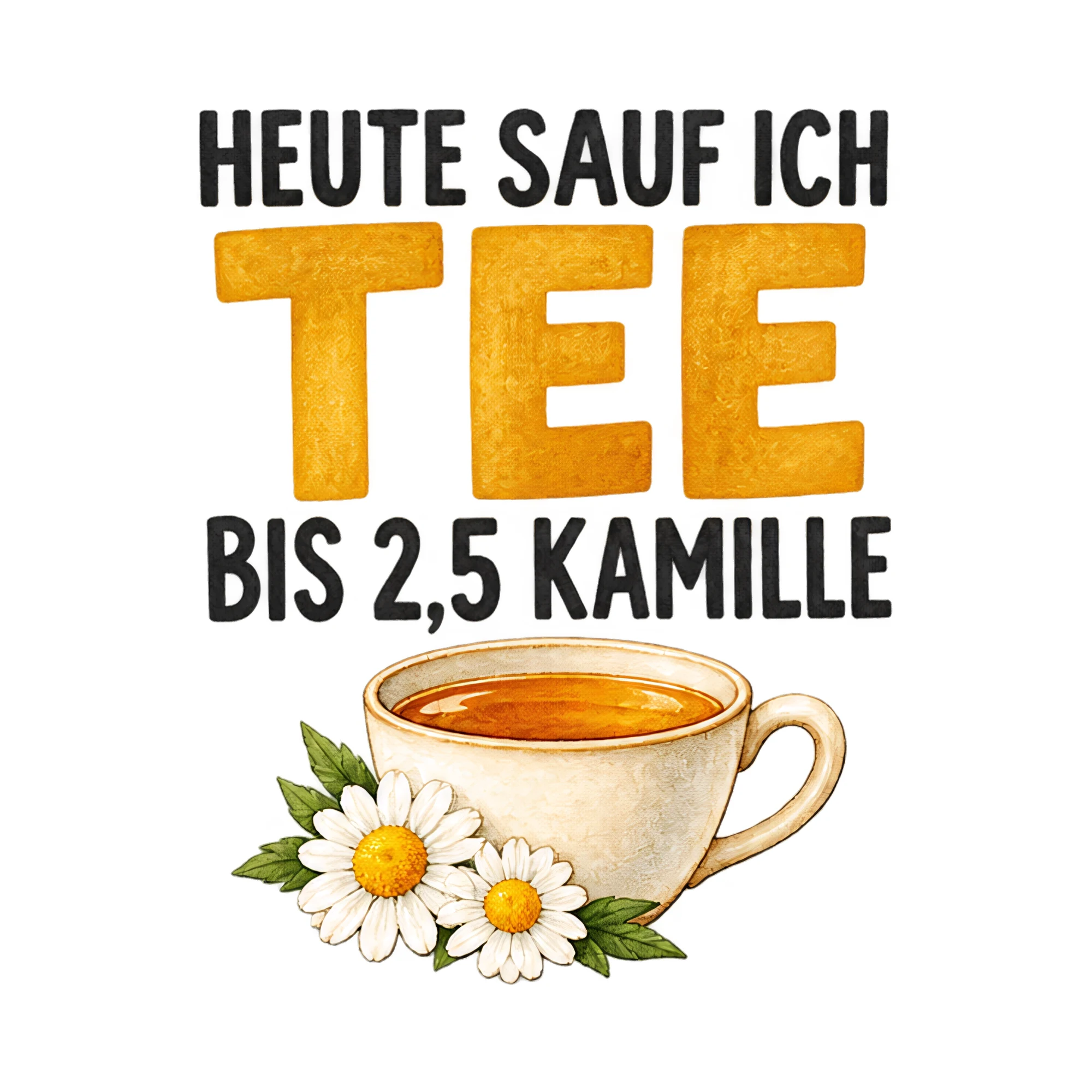 Bügelbild „Heute sauf ich Tee bis 2,5 Kamille“, Lustiger Shirt Spruch als Grafik auf weißem Hintergrund (BB017328)