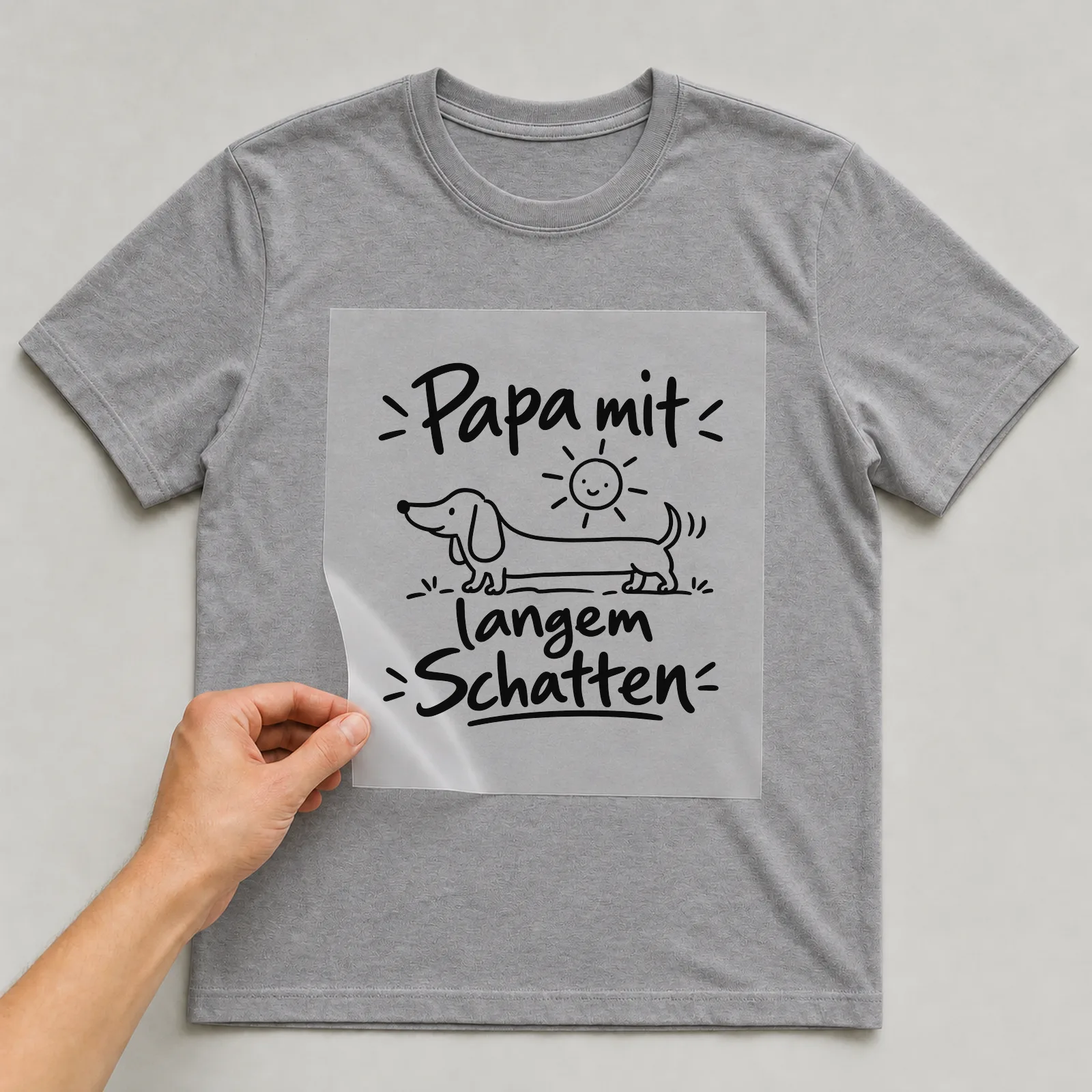 Bügelbild „Papa mit langem Schatten“ auf grauem T-Shirt, Folie wird aufgelegt
