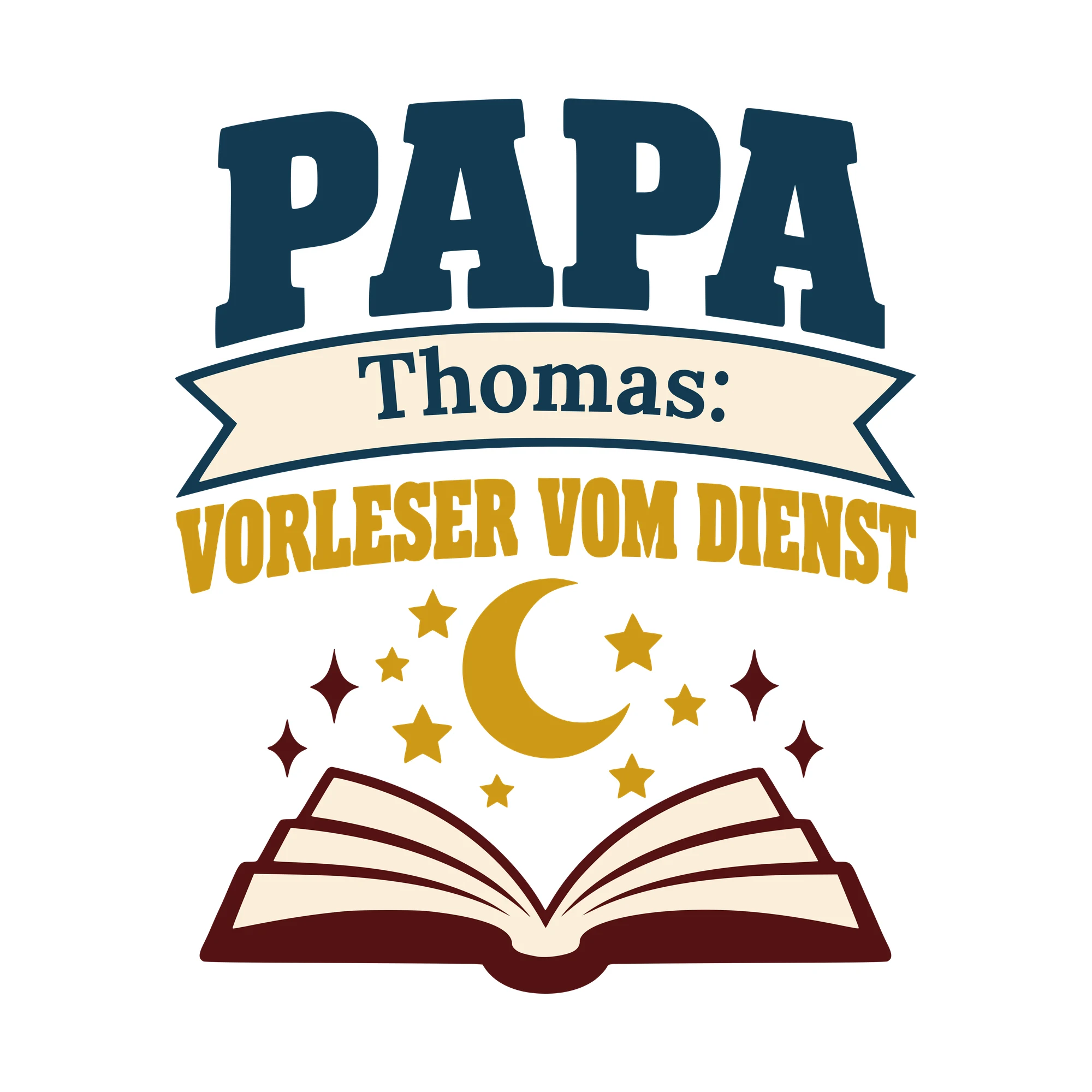 Bügelbild Papa: Vorleser vom Dienst mit Name als Grafik auf weißem Hintergrund (BB010630)