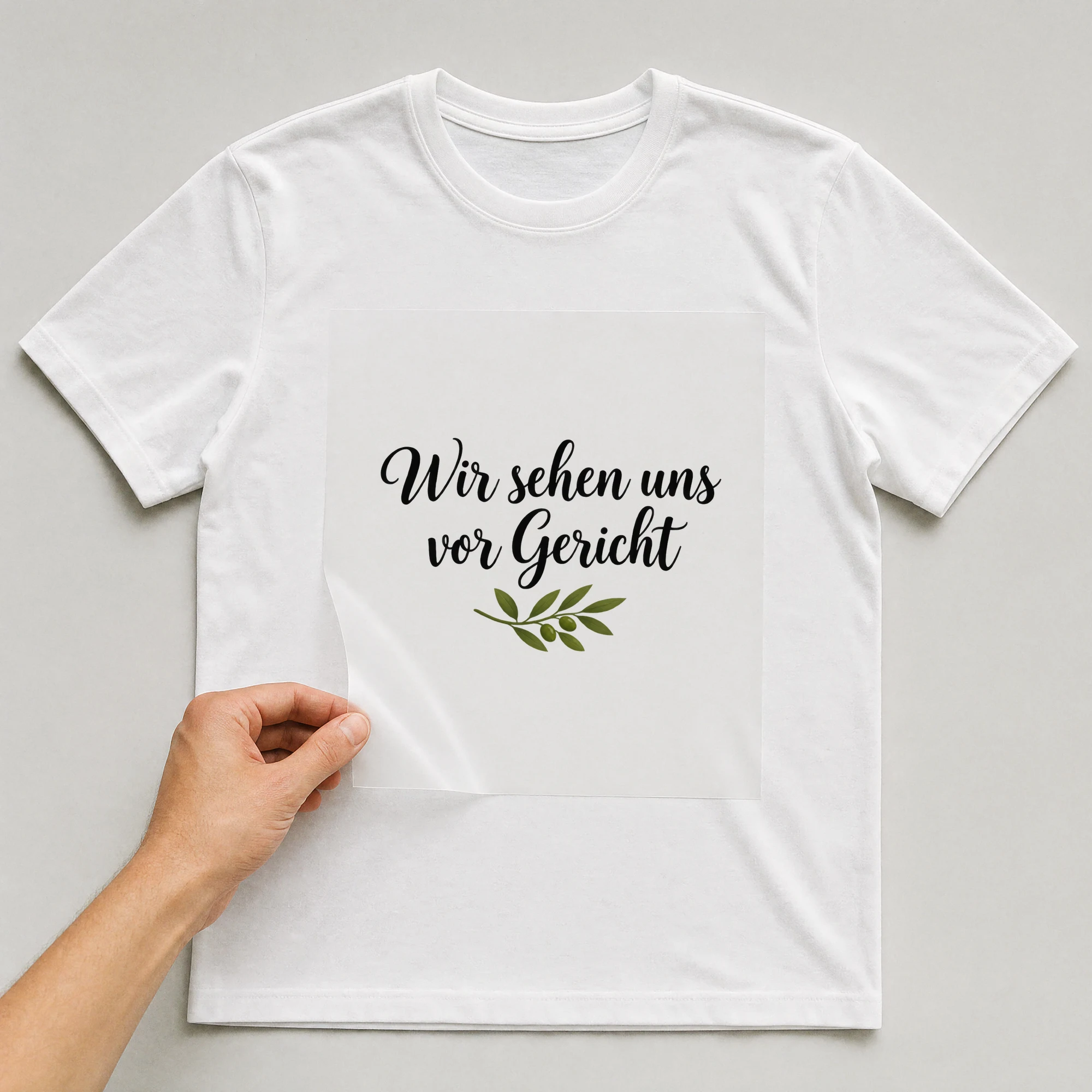 Bügelbild „Wir sehen uns vor Gericht“ auf weißem T-Shirt, Folie wird aufgelegt
