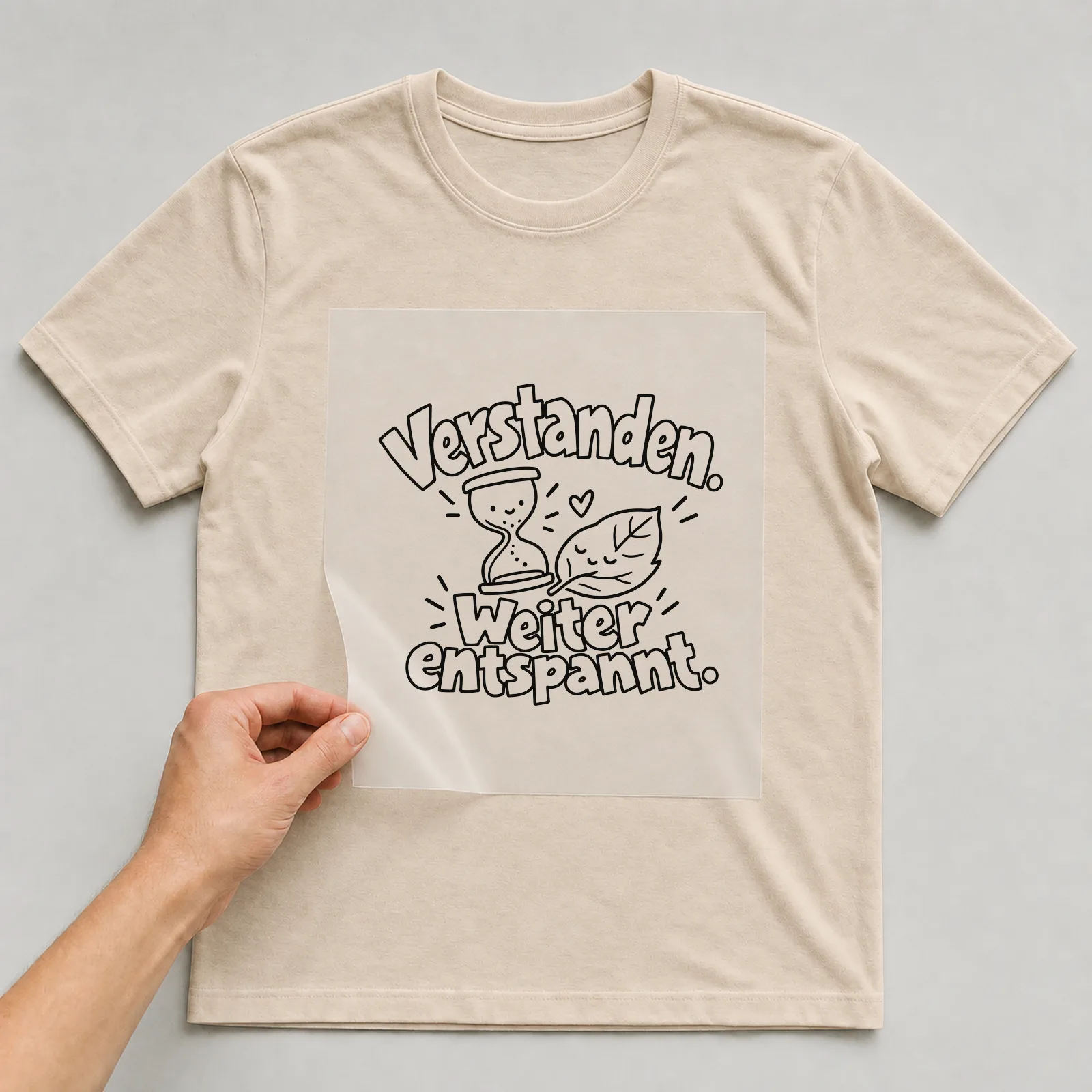 Bügelbild „Verstanden. Weiter entspannt.“ auf beigem T-Shirt, Folie wird aufgelegt
