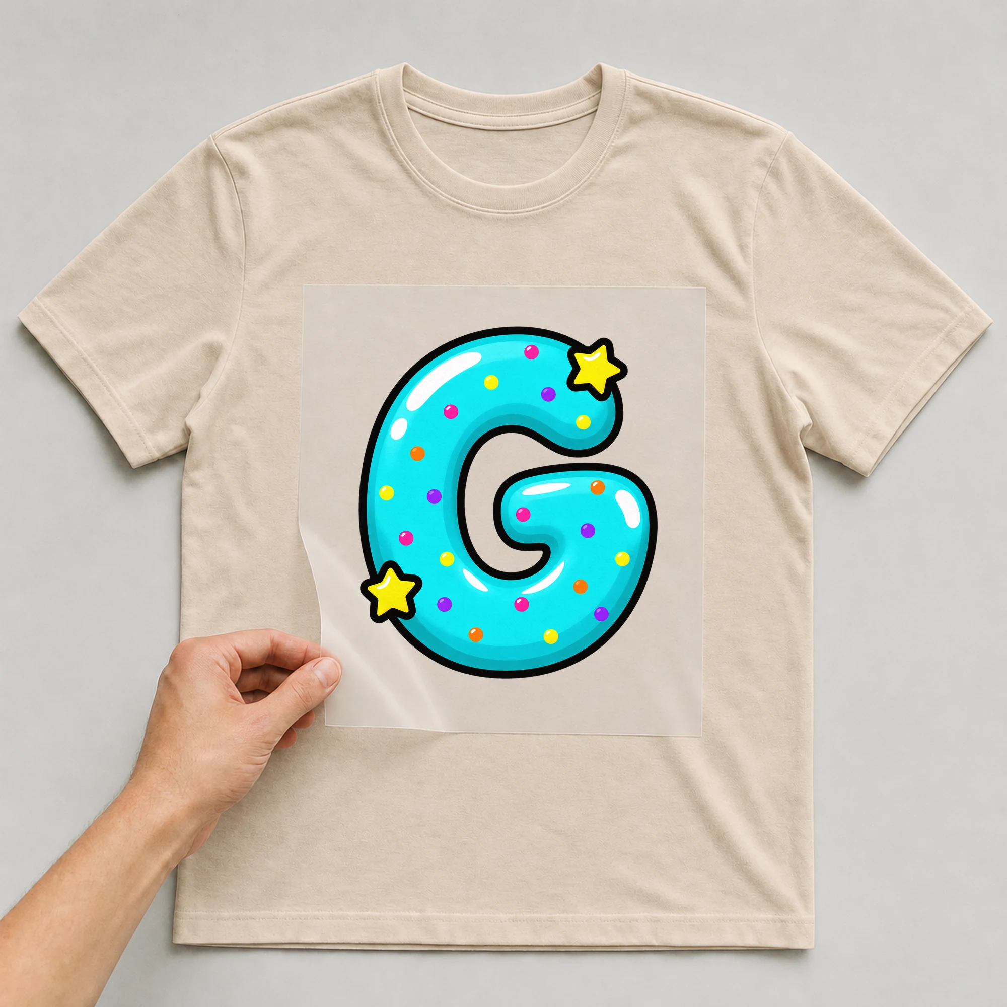 Bügelbild „Buchstabe G im Comic-Ballon-Stil“ auf beigem T-Shirt, Folie wird aufgelegt