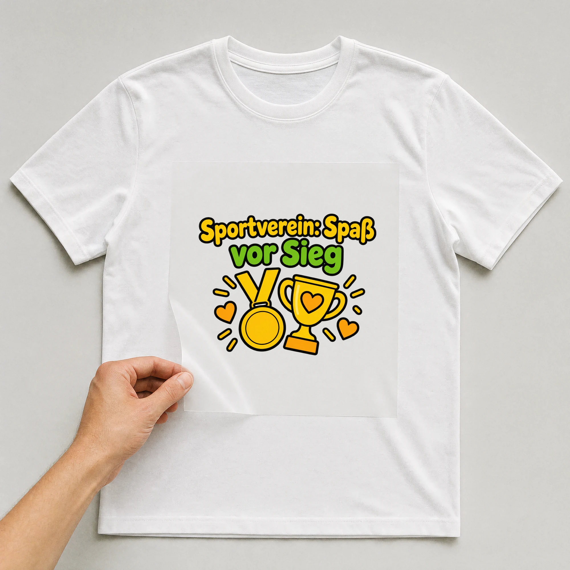 Bügelbild „Sportverein: Spaß vor Sieg“ auf weißem T-Shirt, Folie wird aufgelegt