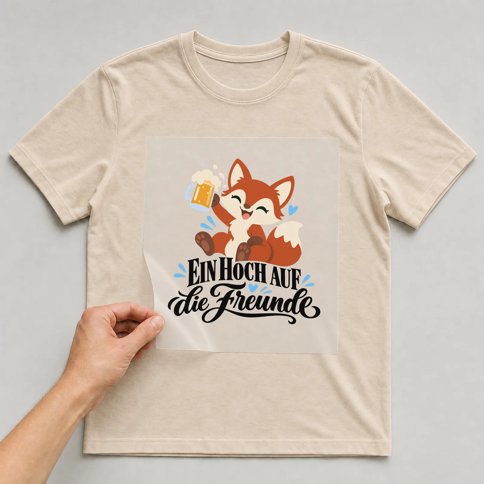 Bügelbild „Ein Hoch auf die Freunde“ auf beigem T-Shirt, Folie wird aufgelegt