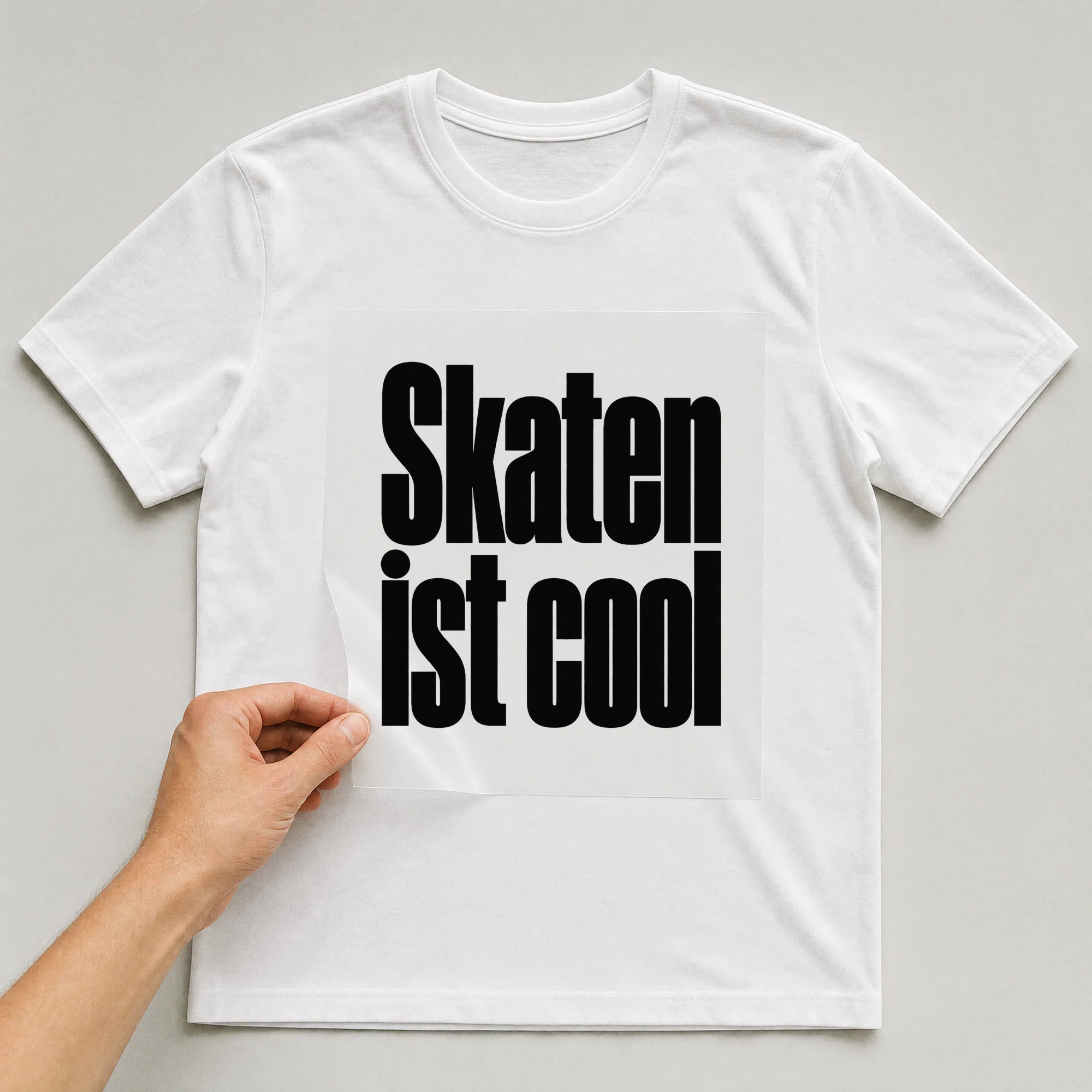 Bügelbild „Skaten ist cool“ auf weißem T-Shirt, Folie wird aufgelegt