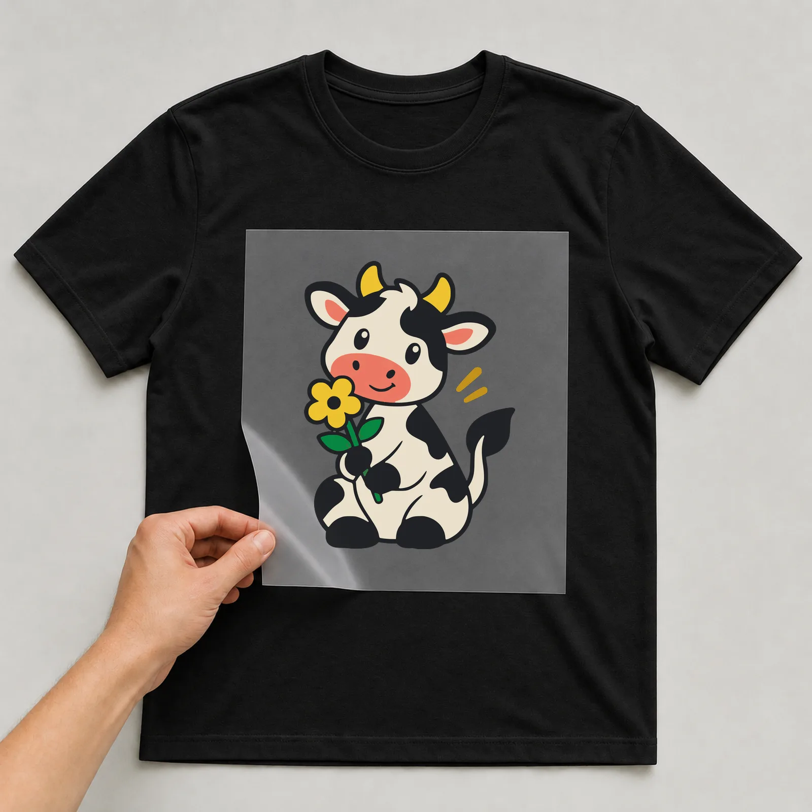 Bügelbild Kuh im Comic-Stil auf schwarzem T-Shirt, Folie wird aufgelegt