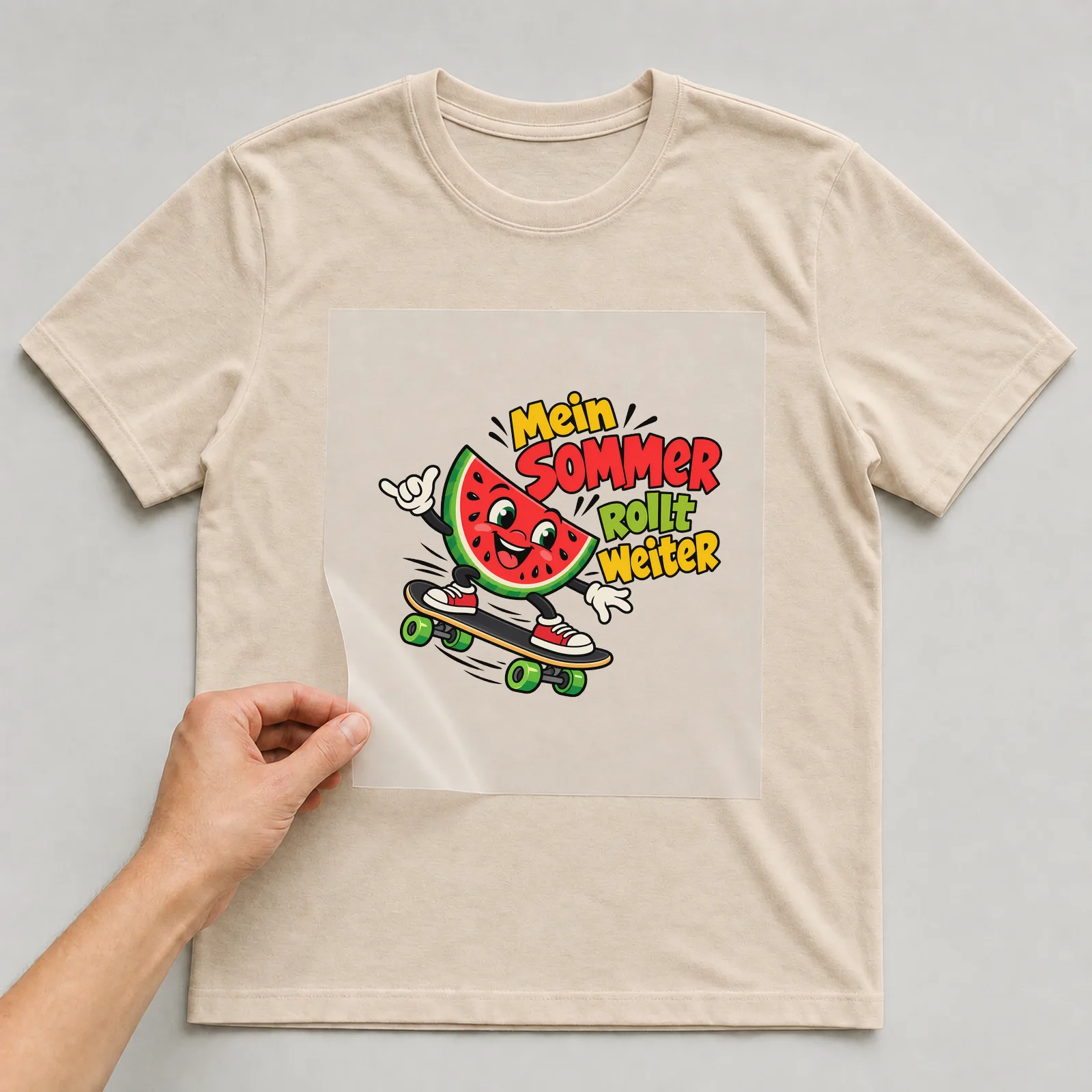 Bügelbild „Mein Sommer rollt weiter“ auf beigem T-Shirt, Folie wird aufgelegt