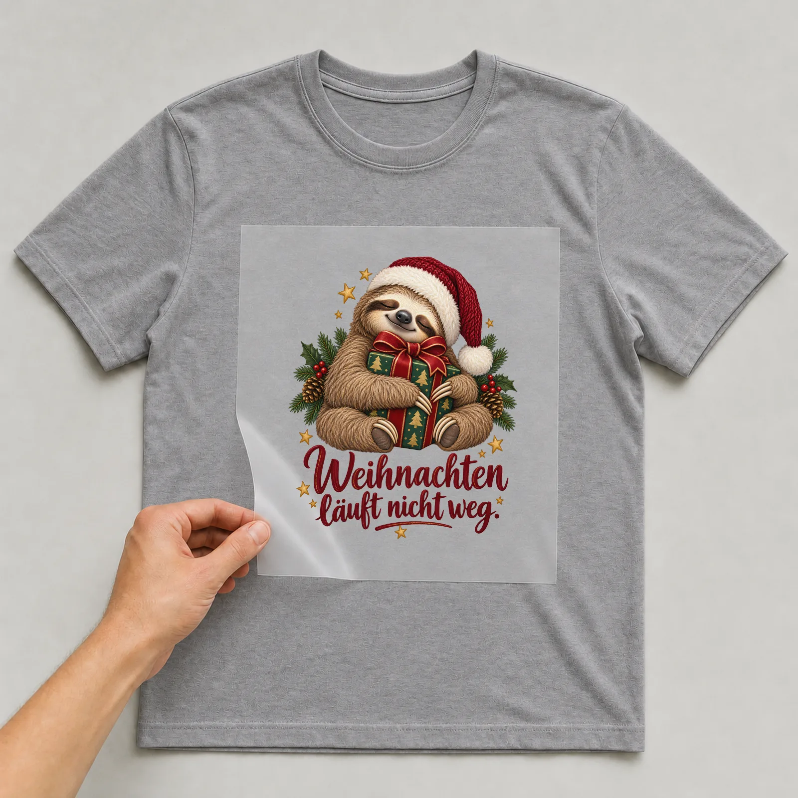 Bügelbild Weihnachten läuft nicht weg. auf grauem T-Shirt, Folie wird aufgelegt