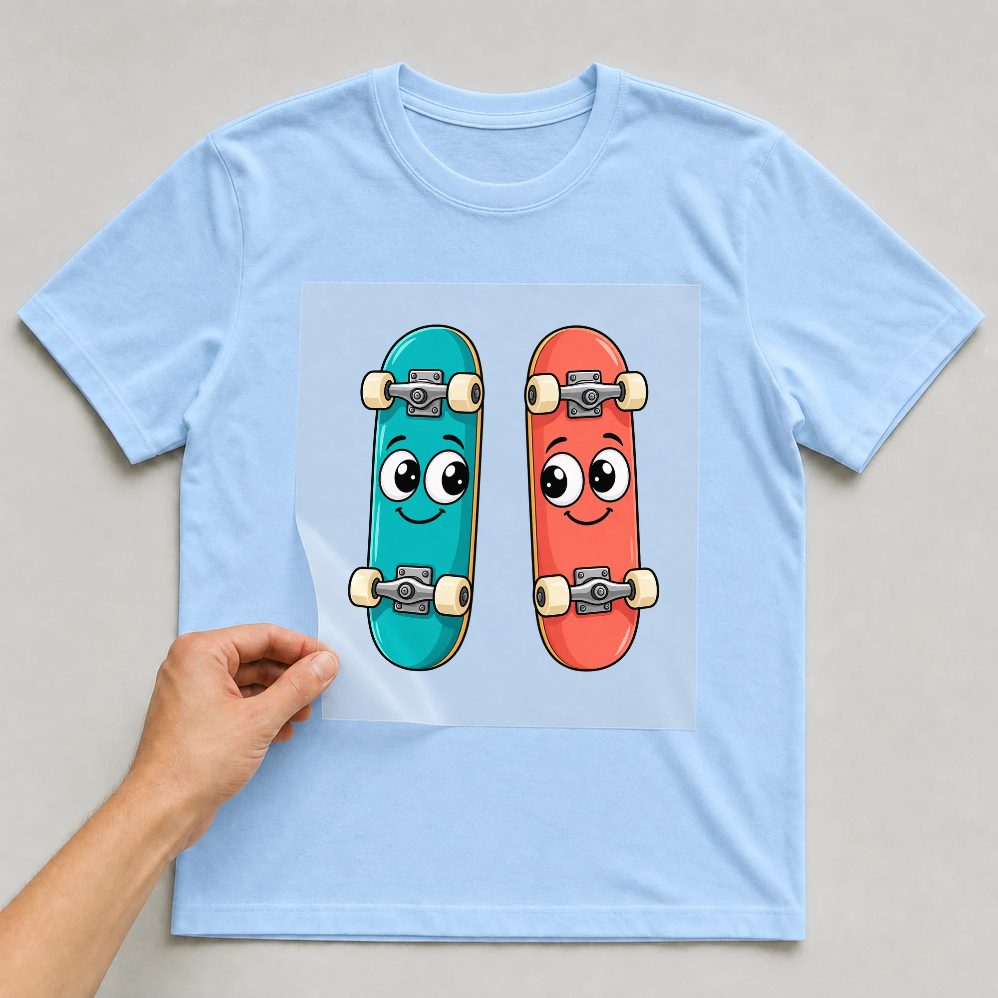 Bügelbild „Skateboards Mit Augen“ auf babyblauem T-Shirt, Folie wird aufgelegt