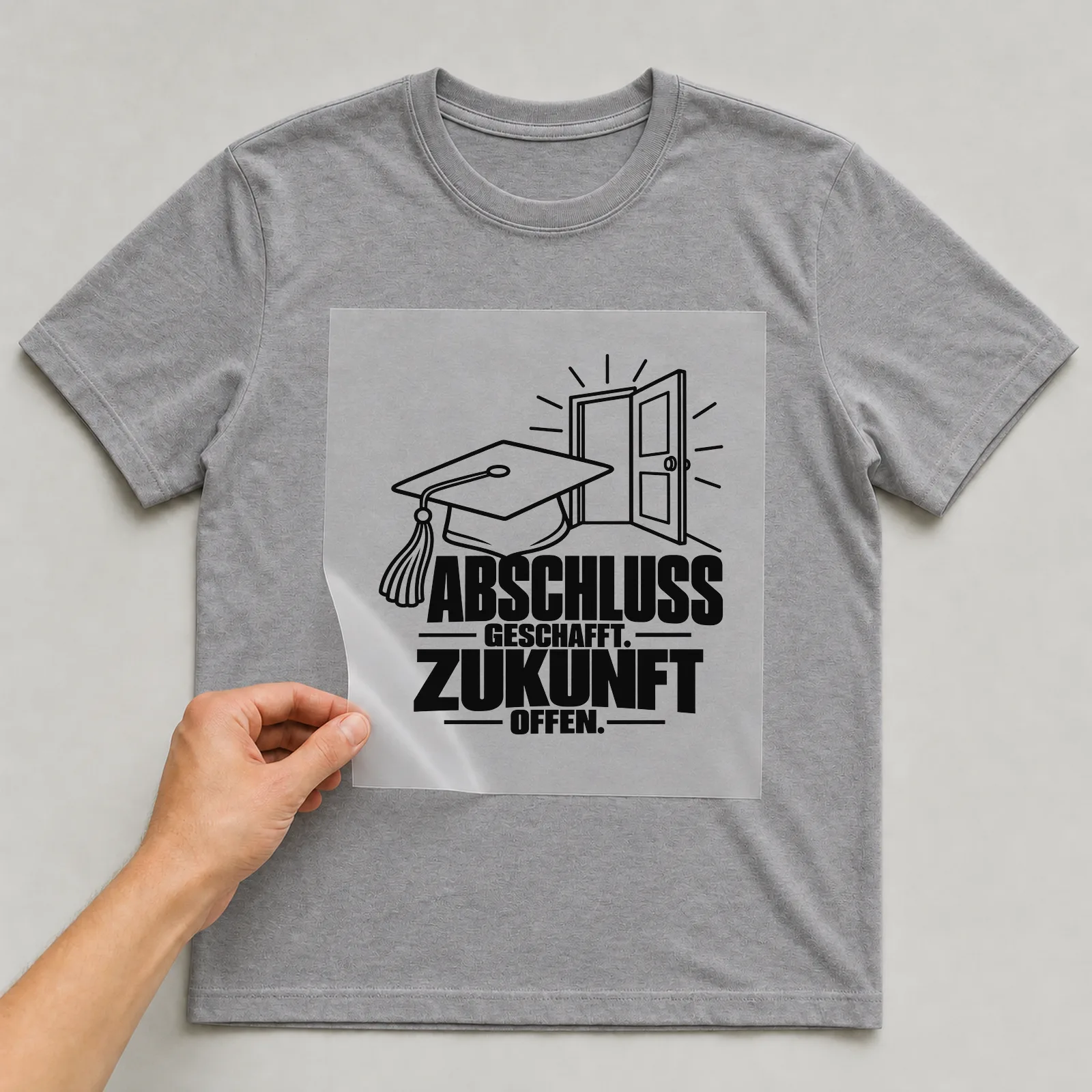 Bügelbild „Abschluss geschafft. Zukunft offen.“ auf grauem T-Shirt, Folie wird aufgelegt