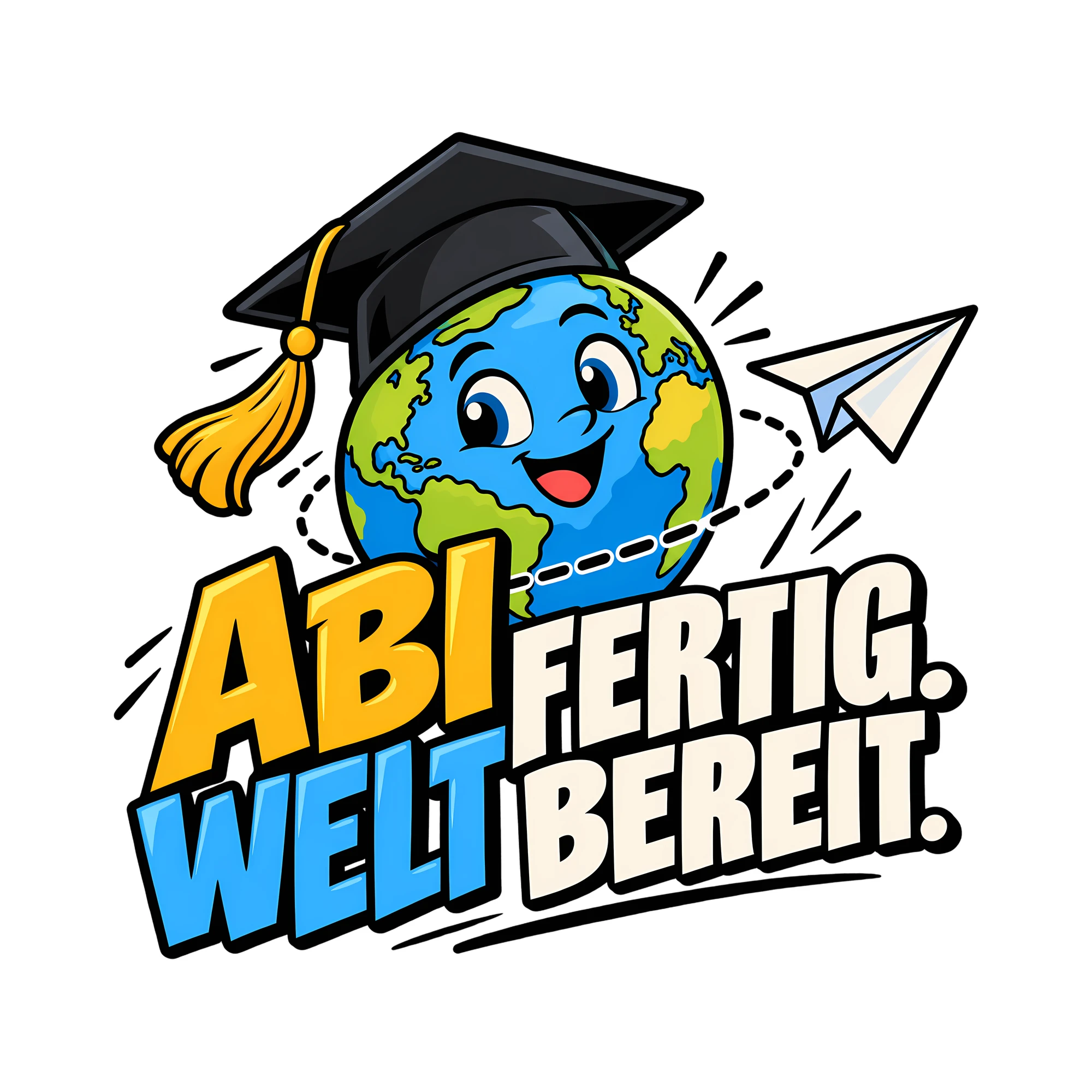 Bügelbild ABI FERTIG. WELT BEREIT. als Grafik auf weißem Hintergrund (BB011458)