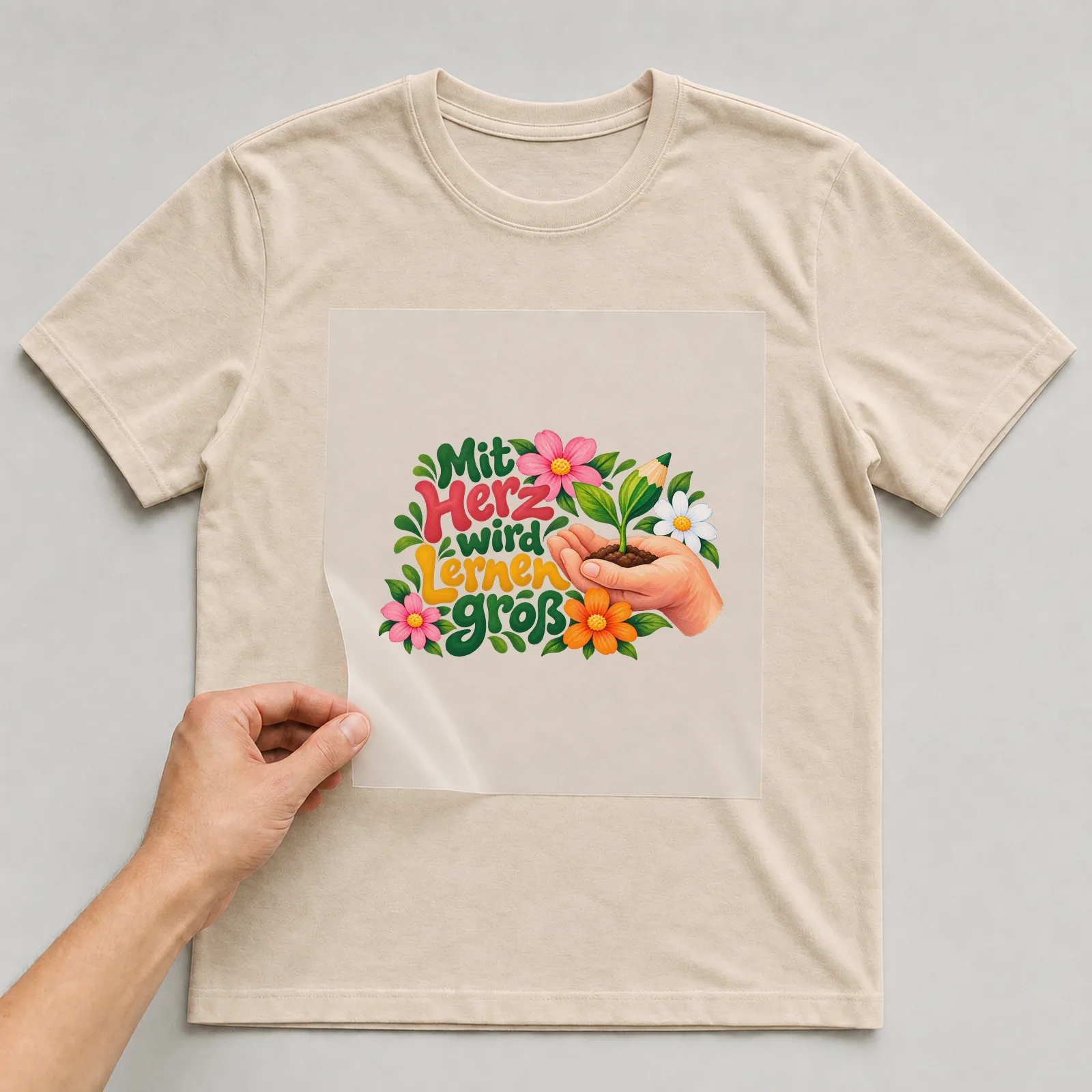 Bügelbild „Mit Herz wird Lernen groß“ auf beigem T-Shirt, Folie wird aufgelegt