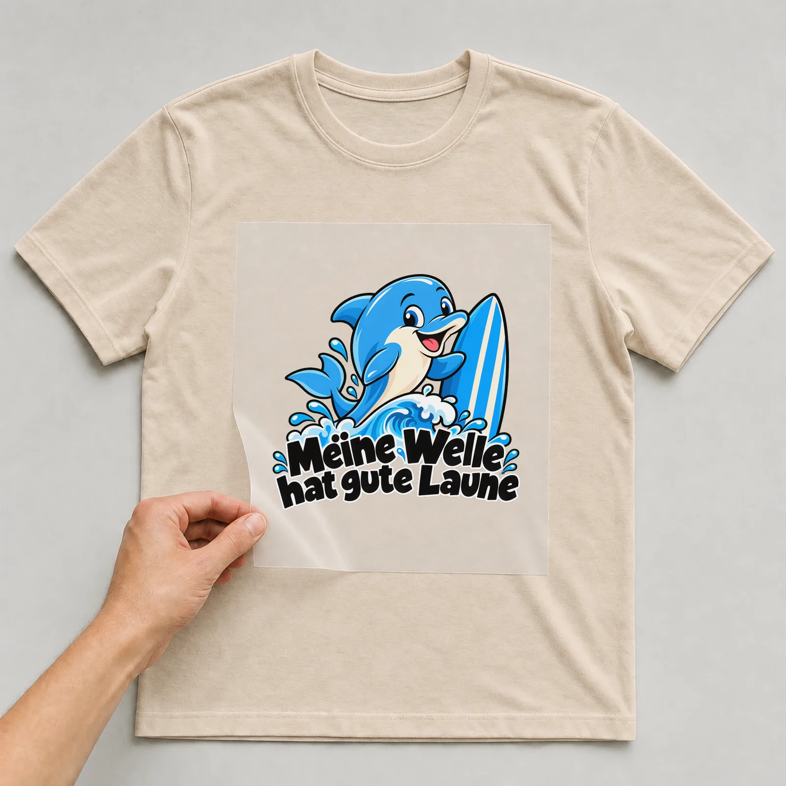 Bügelbild „Meine Welle hat gute Laune“ auf beigem T-Shirt, Folie wird aufgelegt