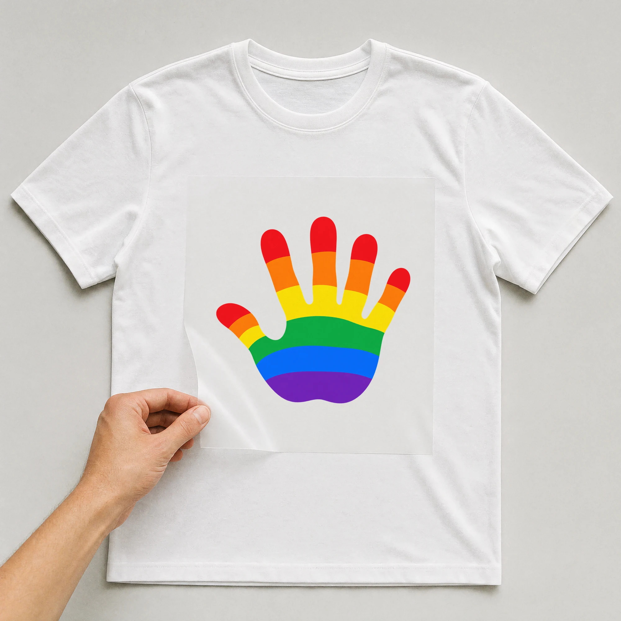 Bügelbild „One Love Handabdruck“ auf weißem T-Shirt, Folie wird aufgelegt