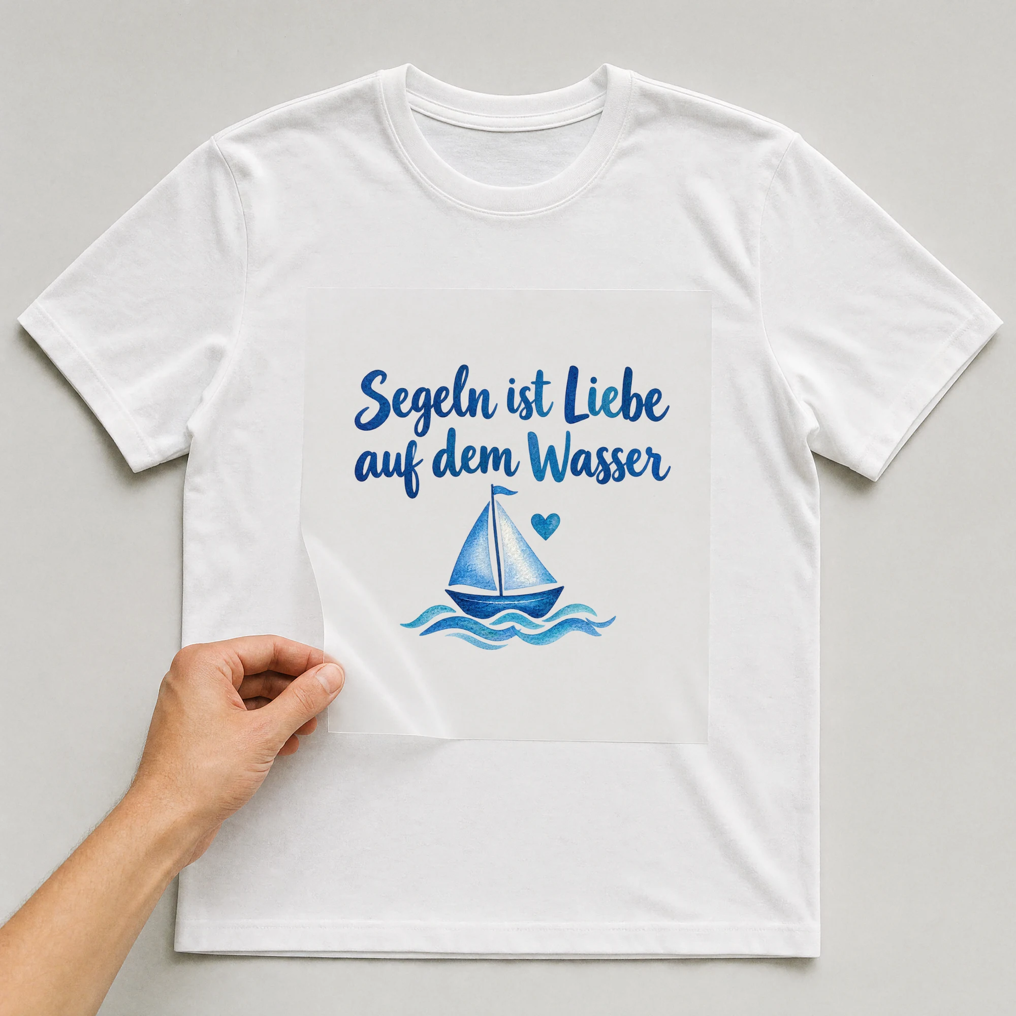 Bügelbild „Segeln ist Liebe auf dem Wasser“ auf weißem T-Shirt, Folie wird aufgelegt