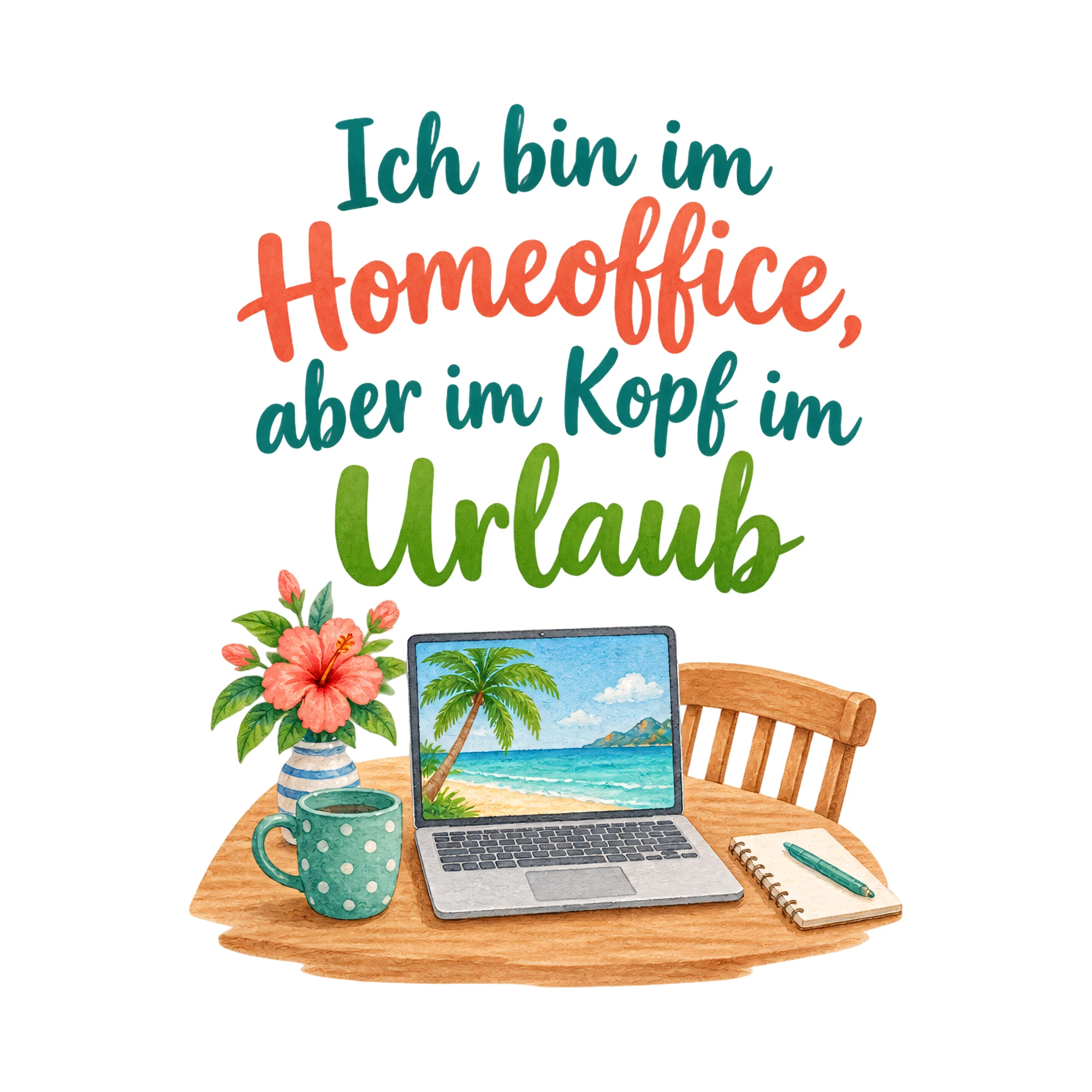 Bügelbild Ich bin im Homeoffice, aber im Kopf im Urlaub, Beruf Shirt Spruch als Grafik auf weißem Hintergrund (BB020246)