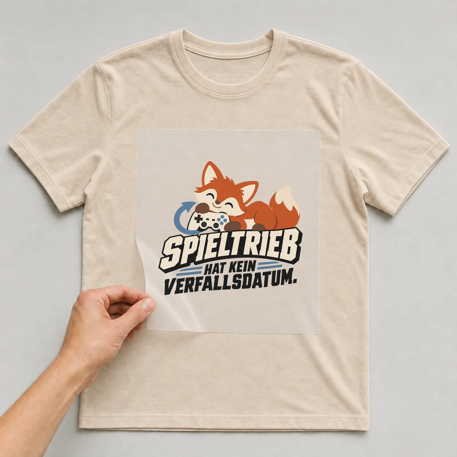 Bügelbild „Spieltrieb hat kein Verfallsdatum“ auf beigem T-Shirt, Folie wird aufgelegt