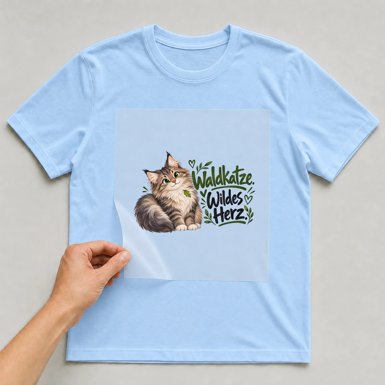 Bügelbild „Waldkatze. Wildes Herz.“ auf hellblauem T-Shirt, Folie wird aufgelegt