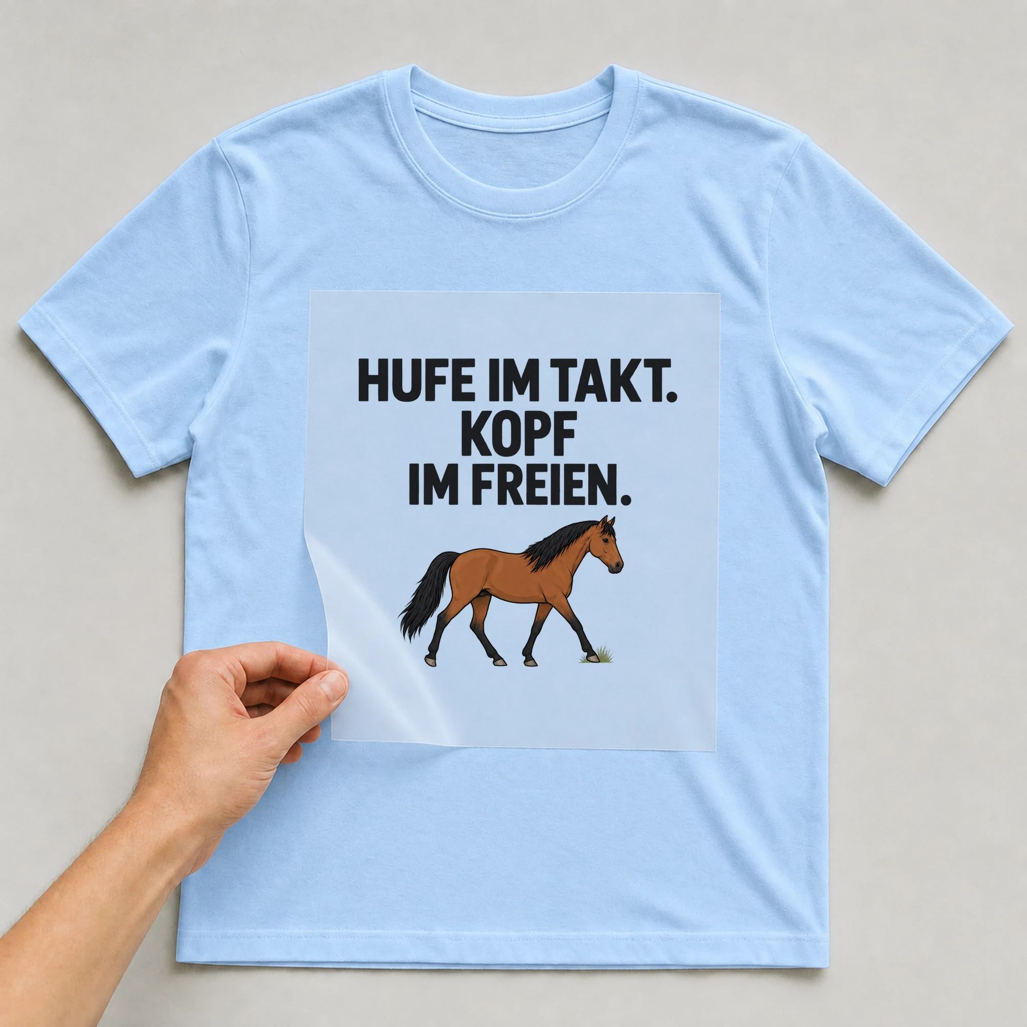 Bügelbild „HUFE IM TAKT. KOPF IM FREIEN.“ auf babyblauem T-Shirt, Folie wird aufgelegt