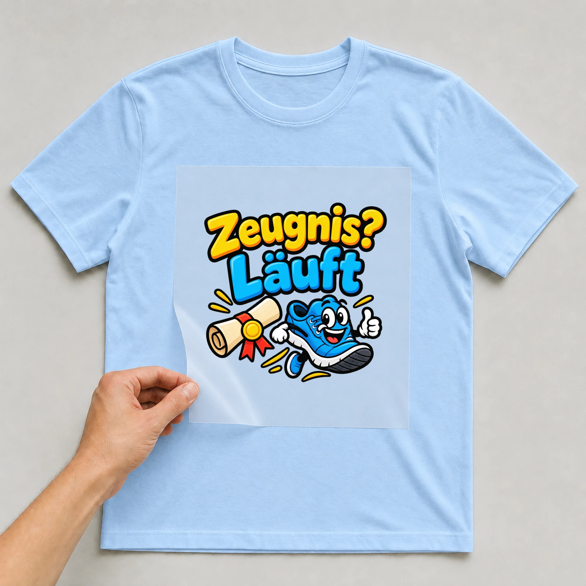Bügelbild „Zeugnis laeuft“ auf babyblauem T-Shirt, Folie wird aufgelegt