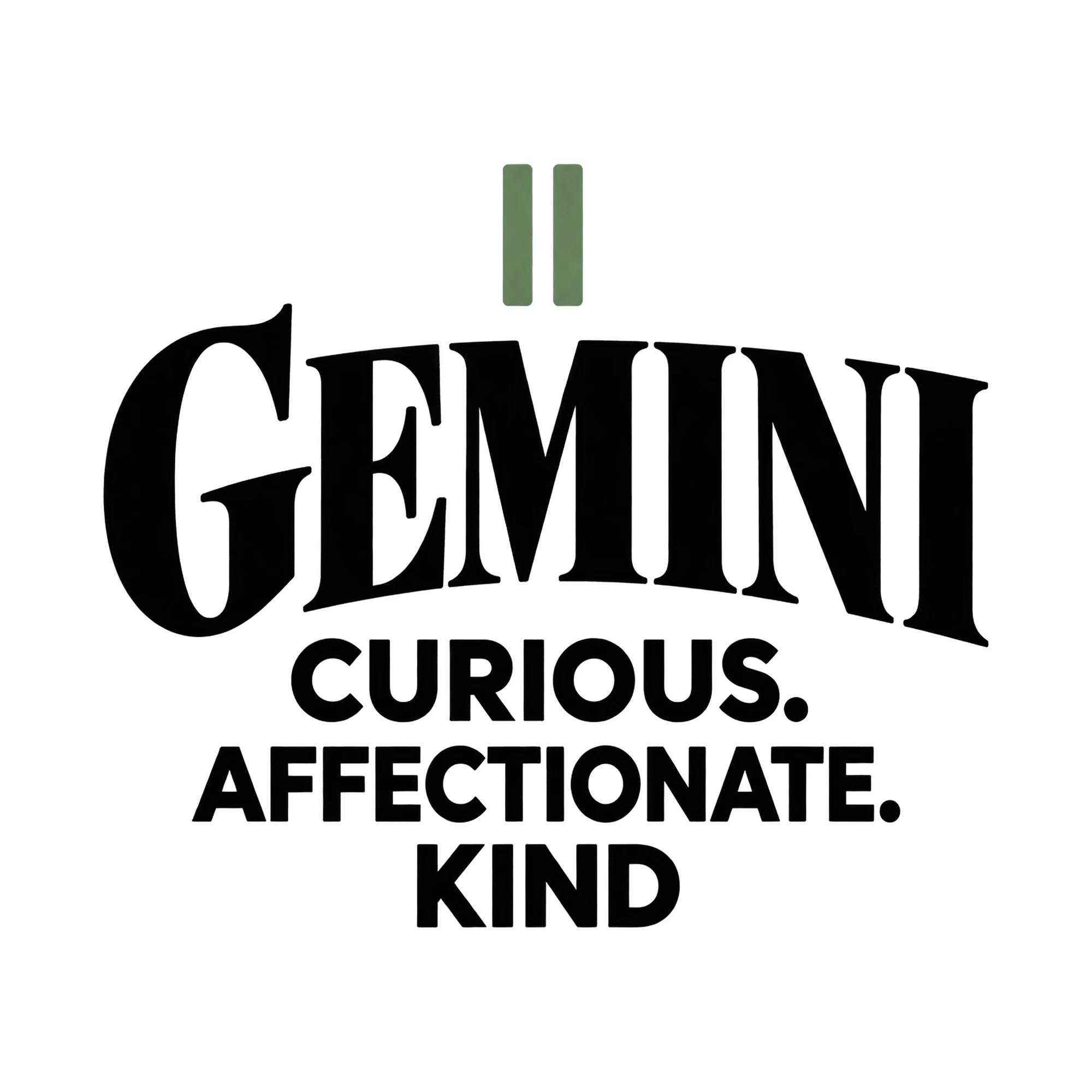 Bügelbild Gemini Curious. Affectionate. Kind, Lustiger Shirt Spruch als Grafik auf weißem Hintergrund (BB015831)