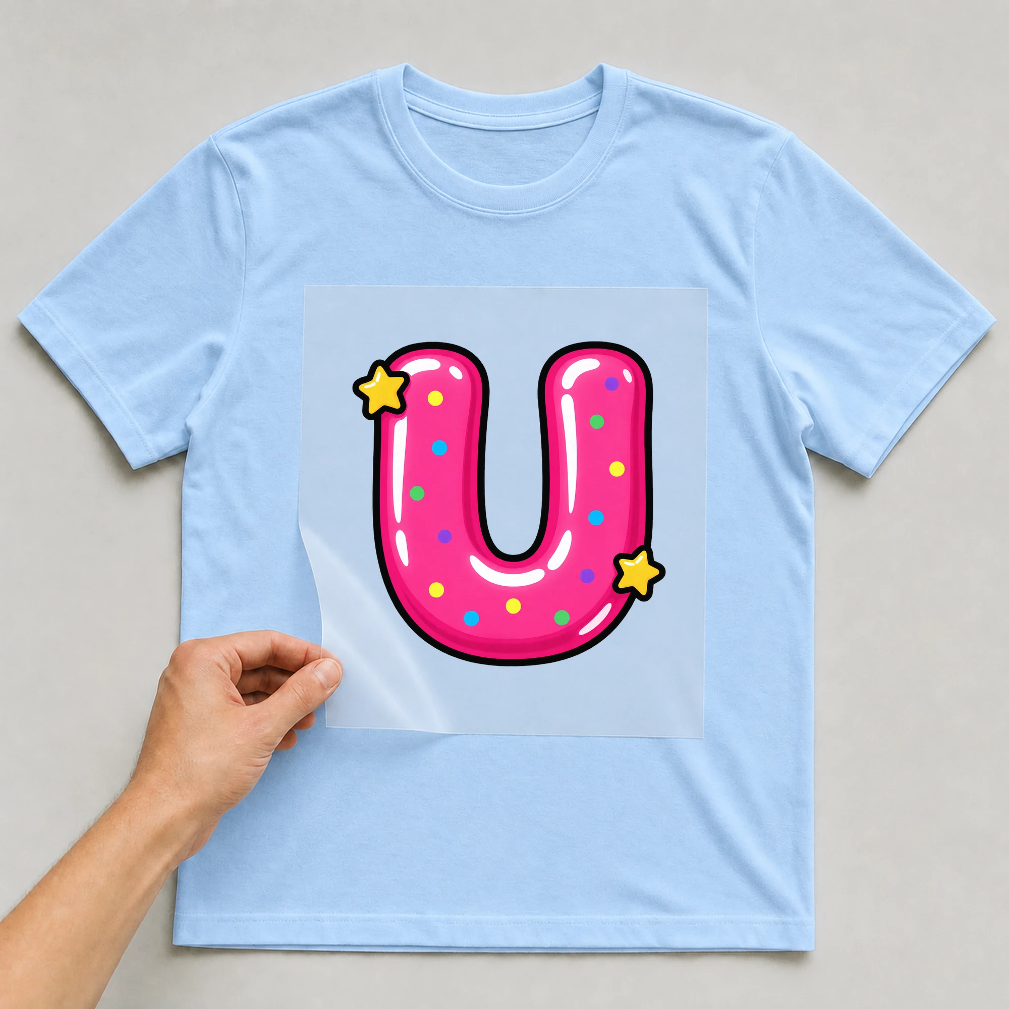 Bügelbild „Buchstabe U im Comic-Ballon-Stil“ auf babyblauem T-Shirt, Folie wird aufgelegt