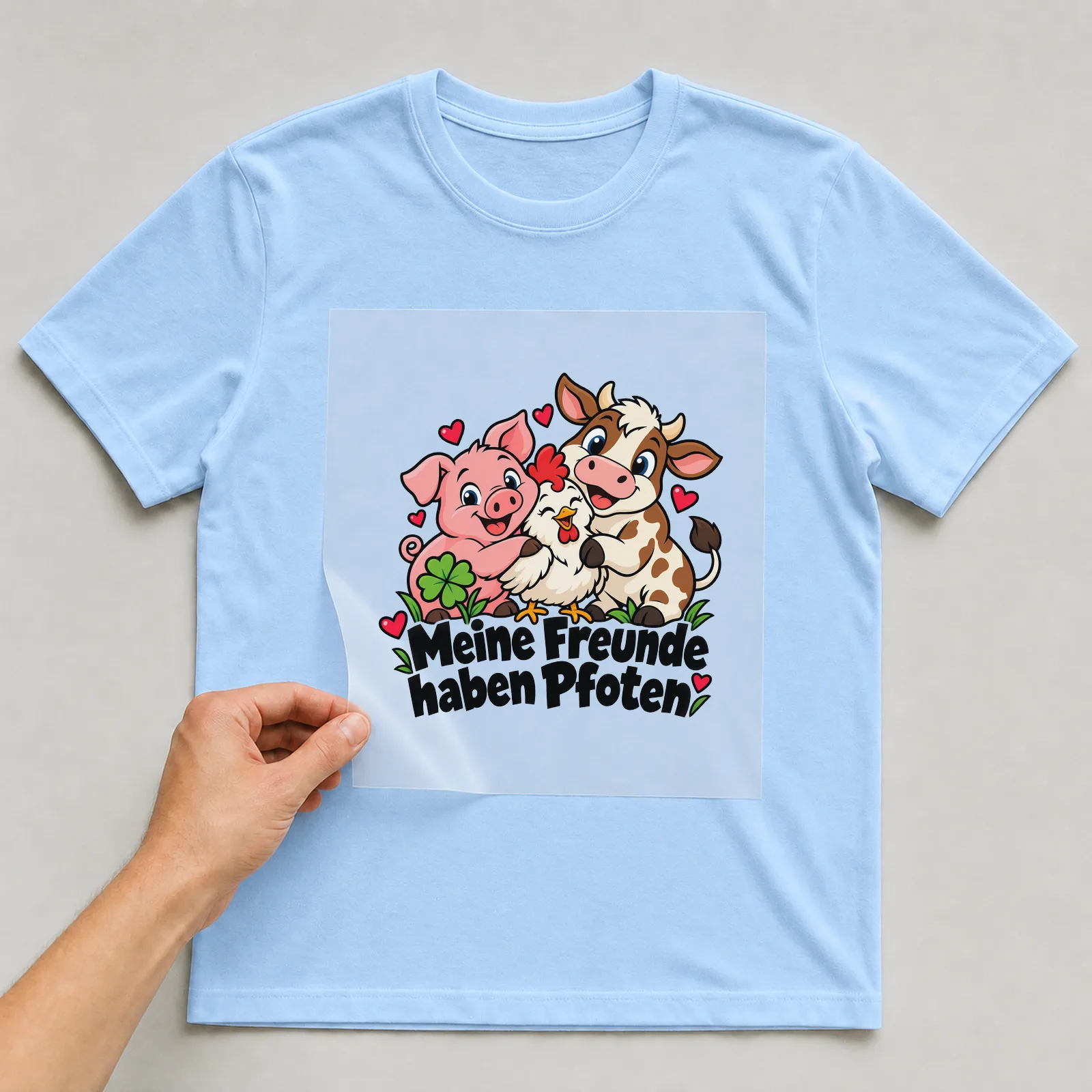 Bügelbild „Meine Freunde haben Pfoten“ auf hellblauem T-Shirt, Folie wird aufgelegt