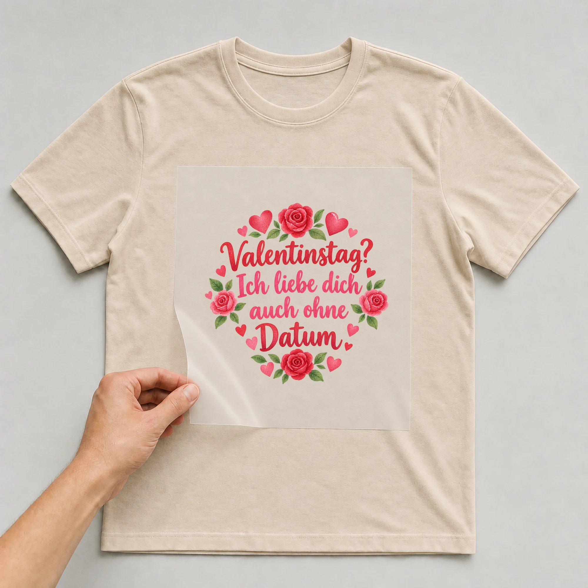 Bügelbild „Valentinstag? Ich liebe dich auch ohne Datum“ auf beigem T-Shirt, Folie wird aufgelegt