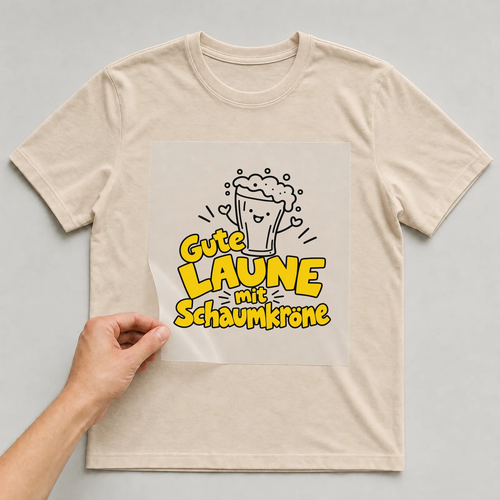 Bügelbild „Gute Laune mit Schaumkrone“ auf beigem T-Shirt, Folie wird aufgelegt