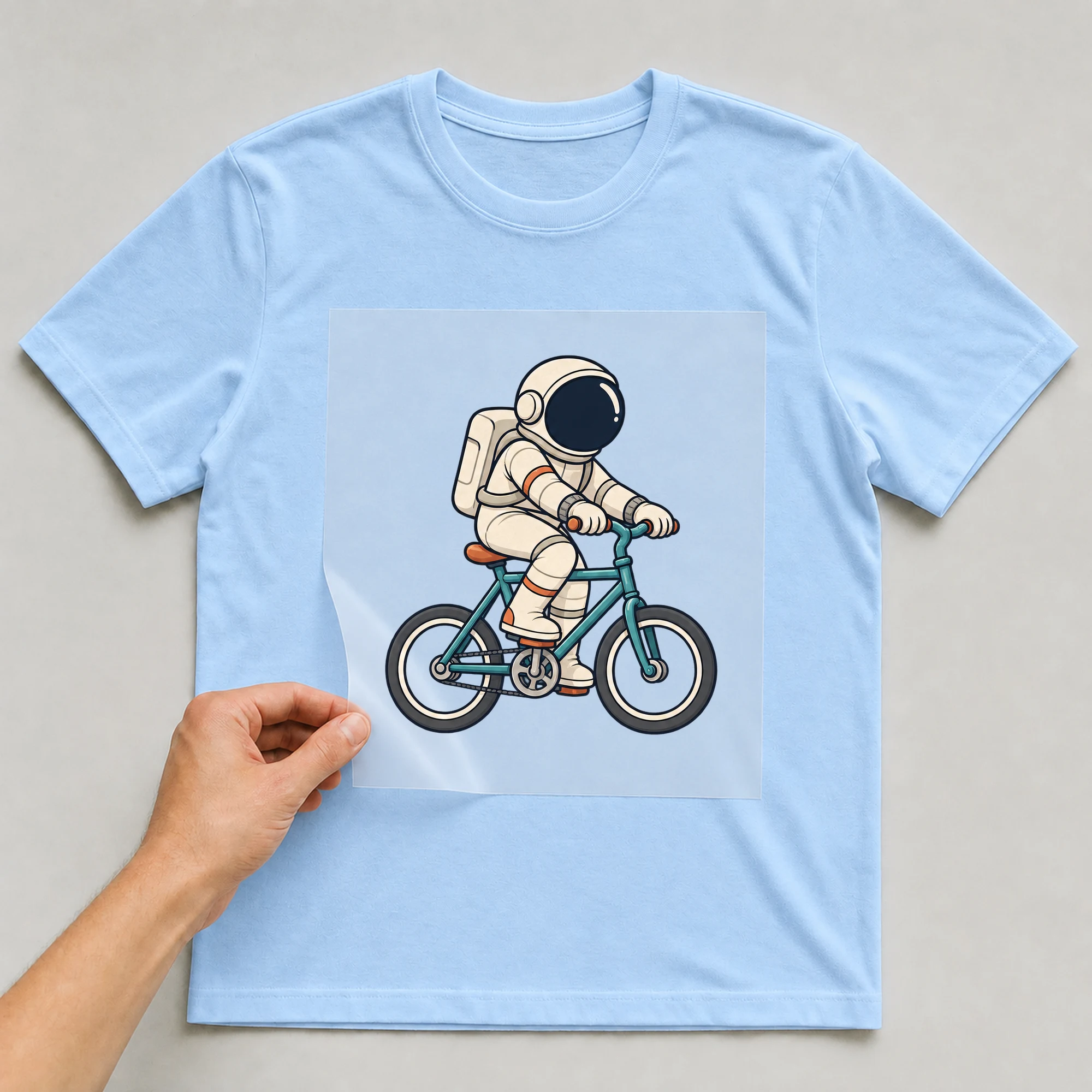 Bügelbild „Bike To The Moon“ auf babyblauem T-Shirt, Folie wird aufgelegt