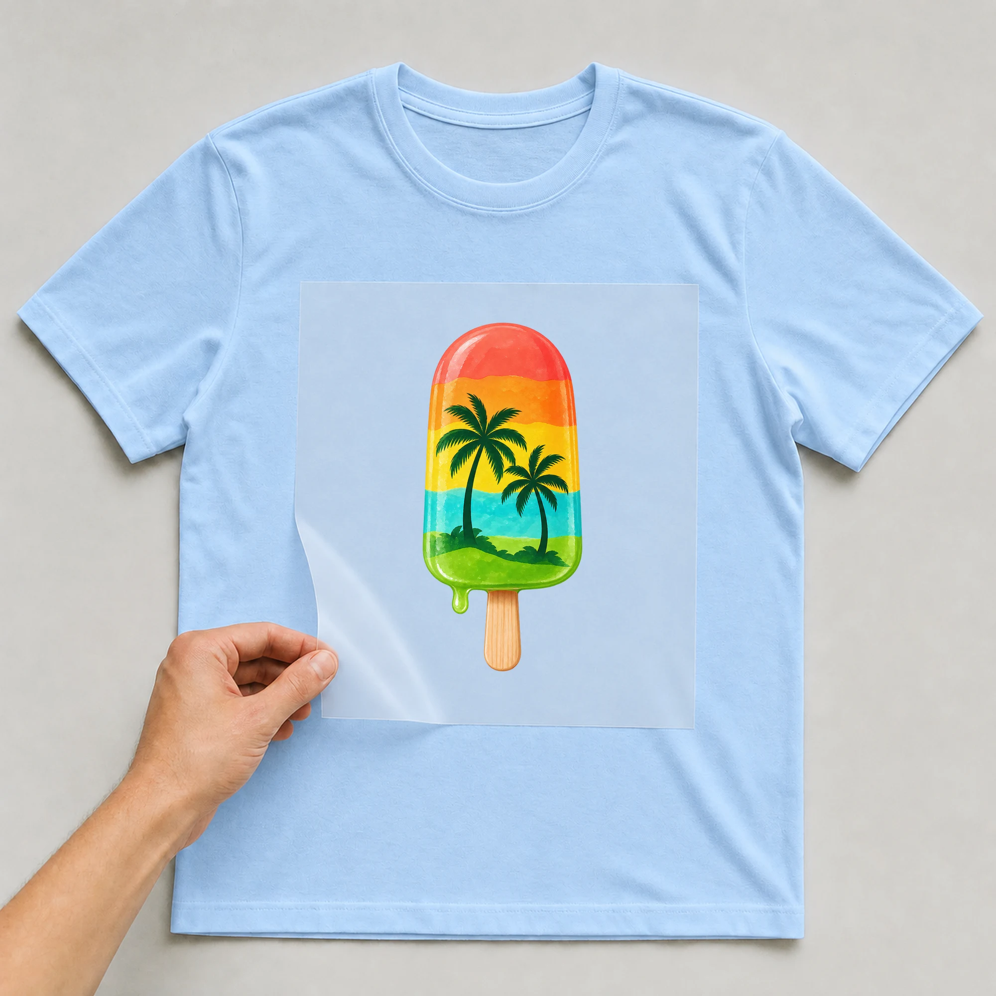 Bügelbild „Palmen Eis“ auf babyblauem T-Shirt, Folie wird aufgelegt