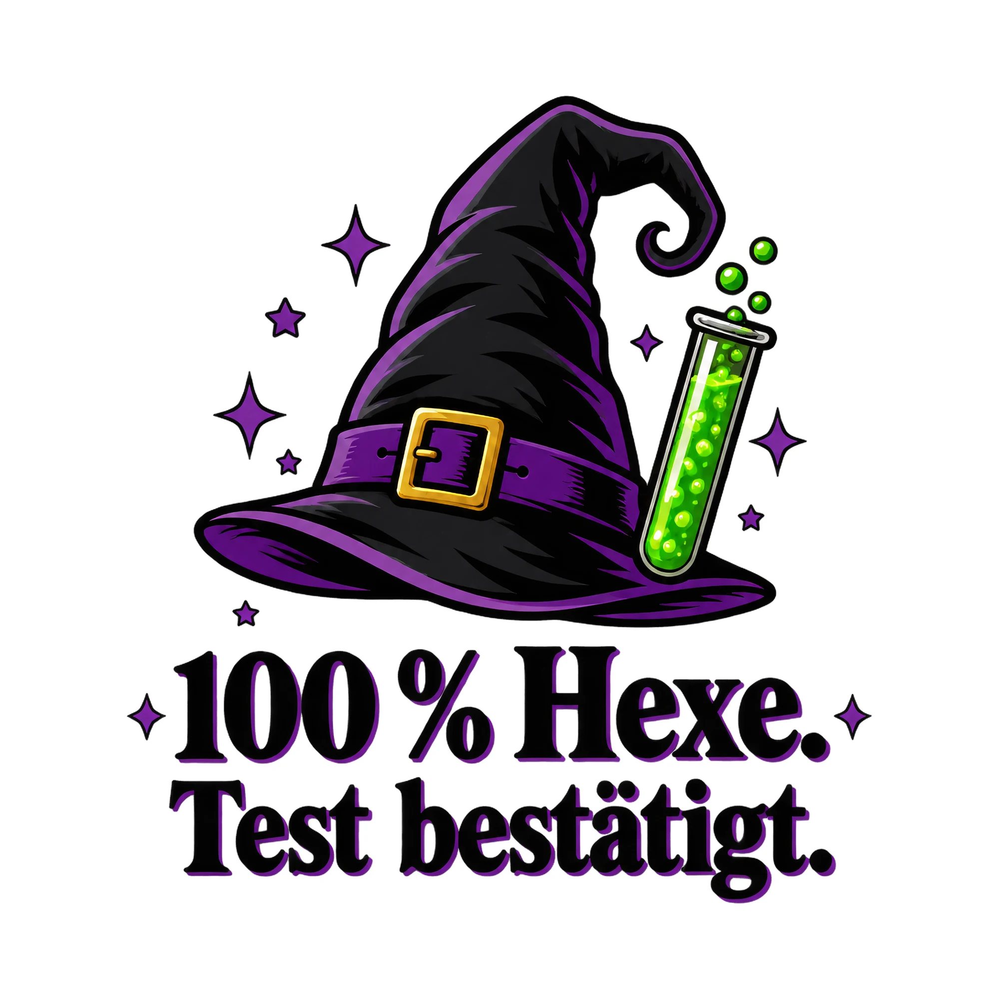 Bügelbild 100 % Hexe. Test bestätigt., Halloween Shirt Spruch als Grafik auf weißem Hintergrund (BB014874)