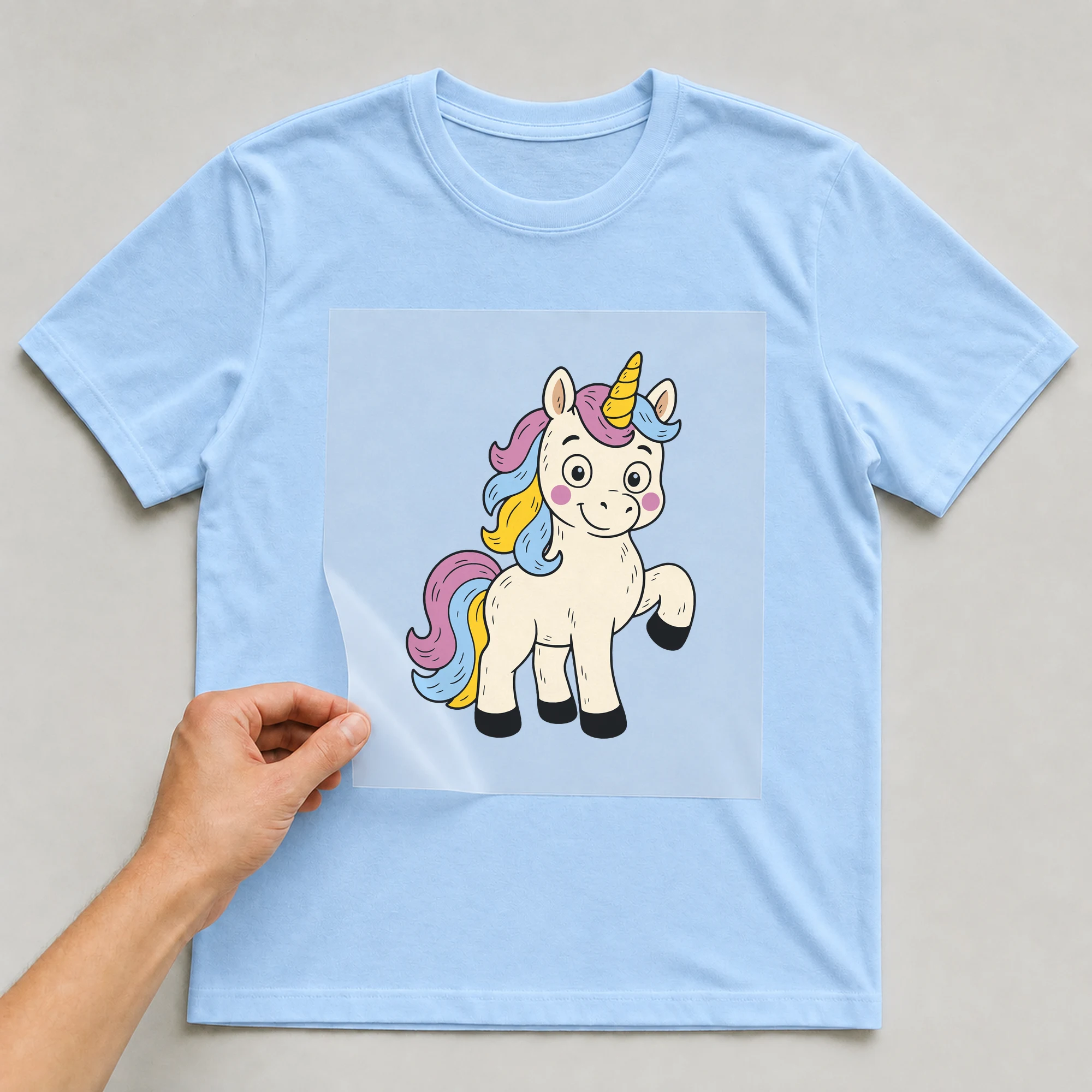 Bügelbild „Einhorn“ auf babyblauem T-Shirt, Folie wird aufgelegt