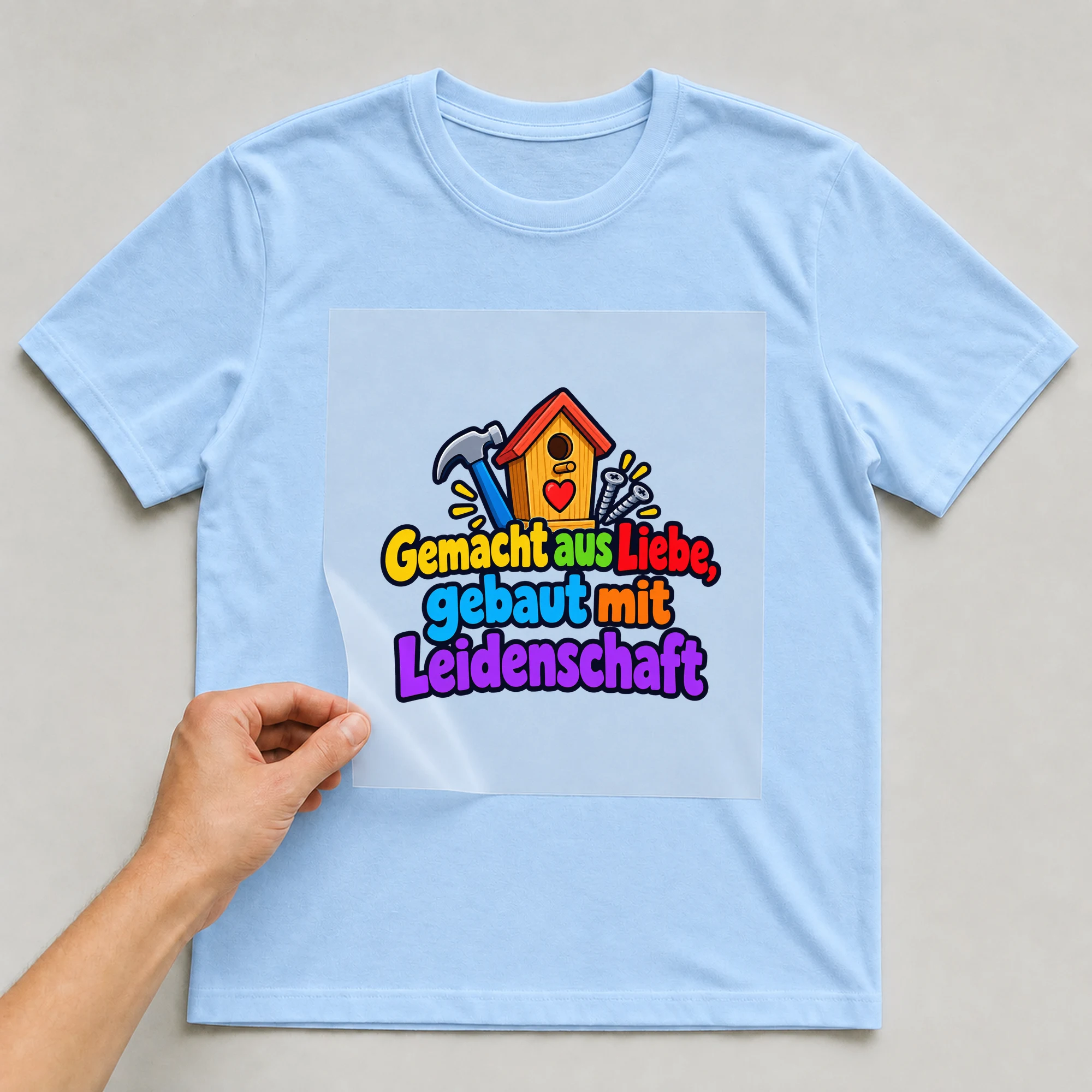 Bügelbild „Gemacht aus Liebe, gebaut mit Leidenschaft“ auf babyblauem T-Shirt, Folie wird aufgelegt