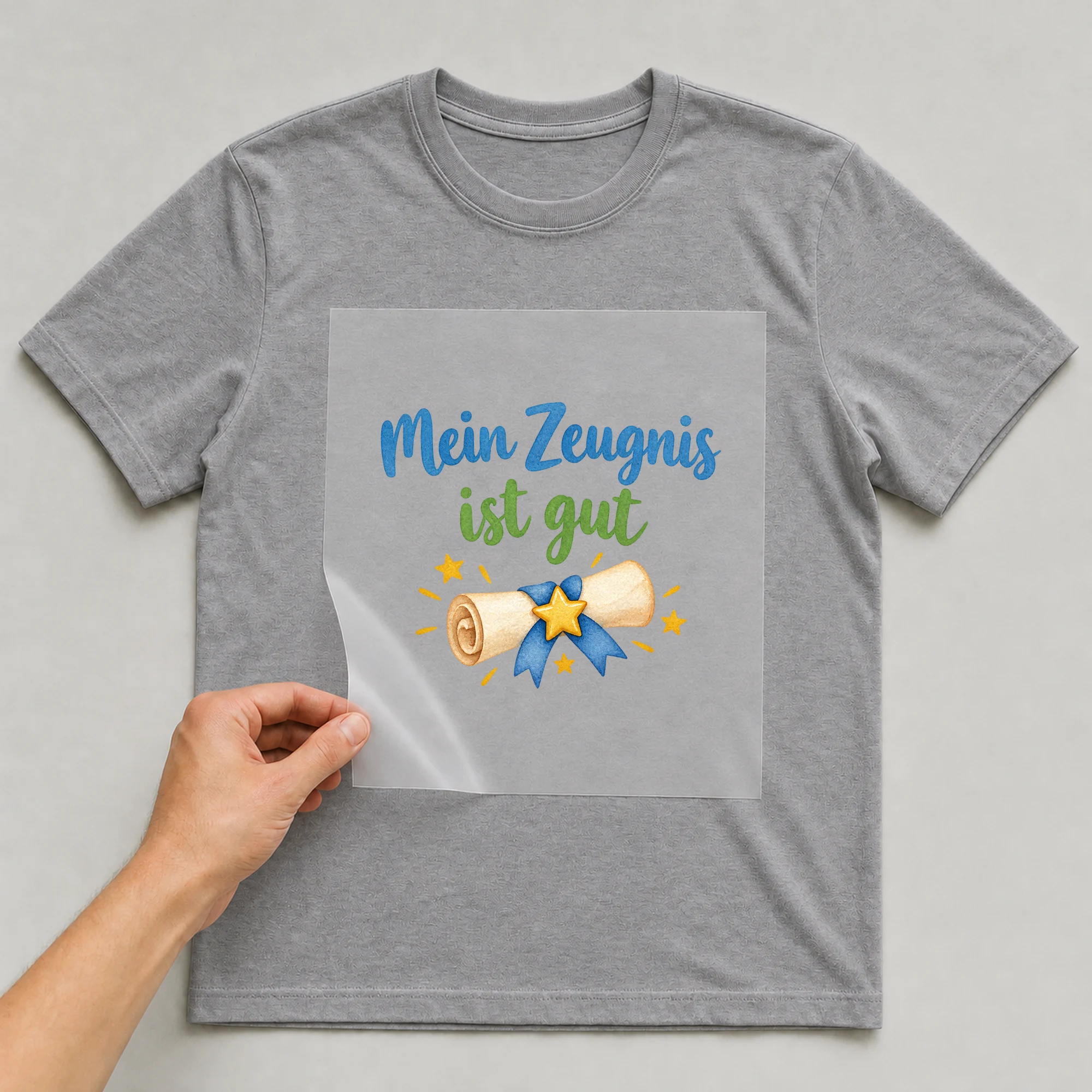 Bügelbild „Mein Zeugnis ist gut“ auf grauem T-Shirt, Folie wird aufgelegt