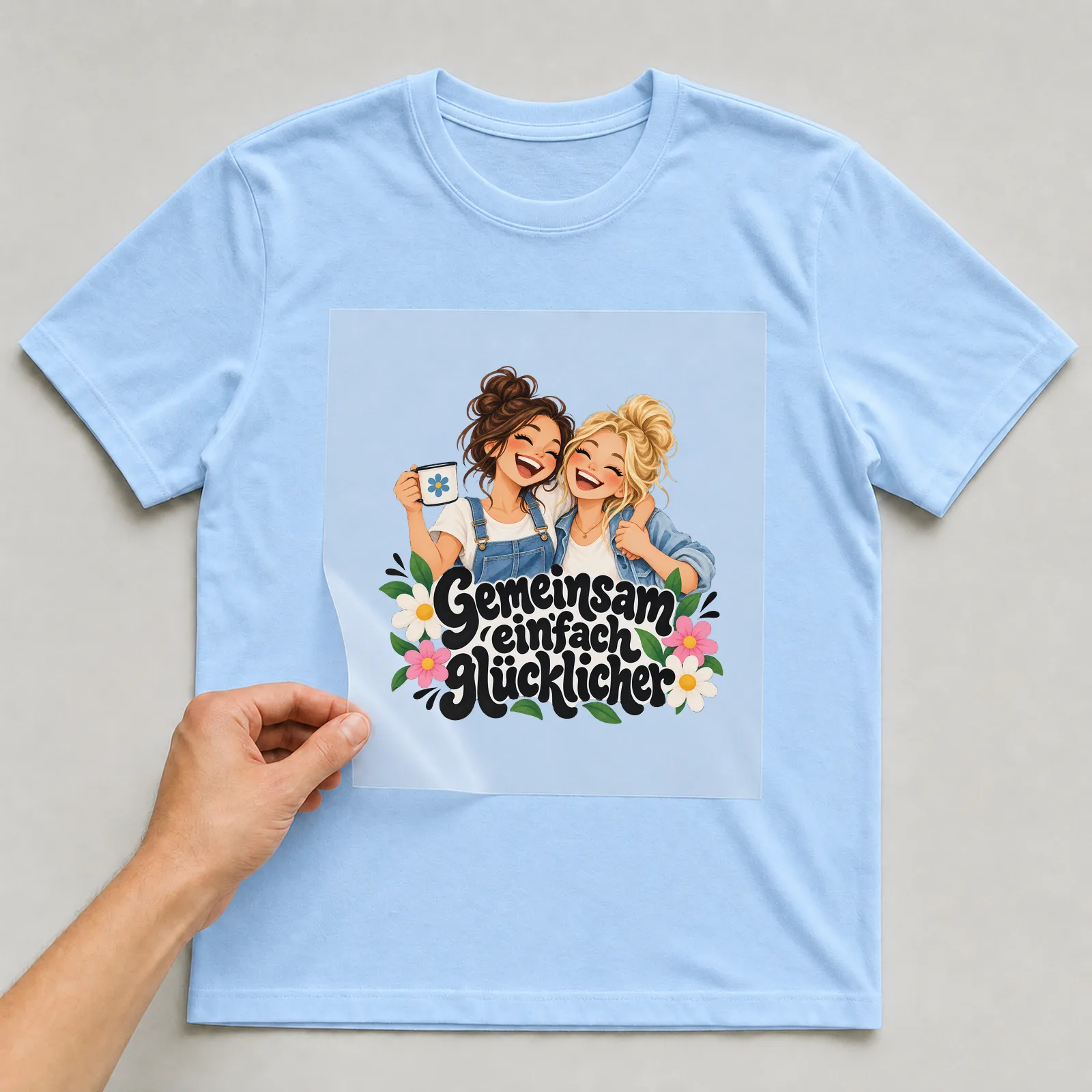 Bügelbild „Gemeinsam einfach glücklicher“ auf hellblauem T-Shirt, Folie wird aufgelegt