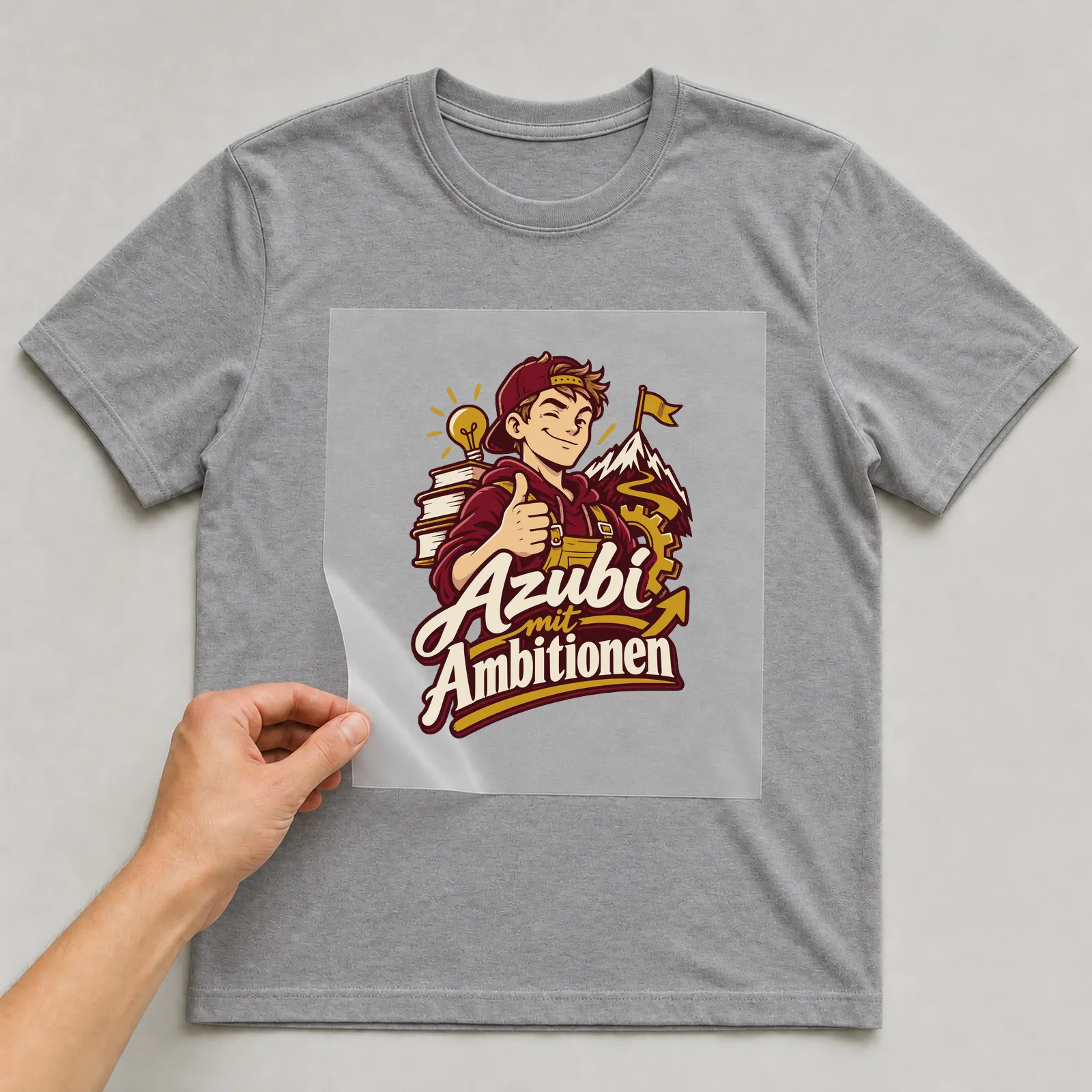 Bügelbild Azubi mit Ambitionen auf grauem T-Shirt, Folie wird aufgelegt