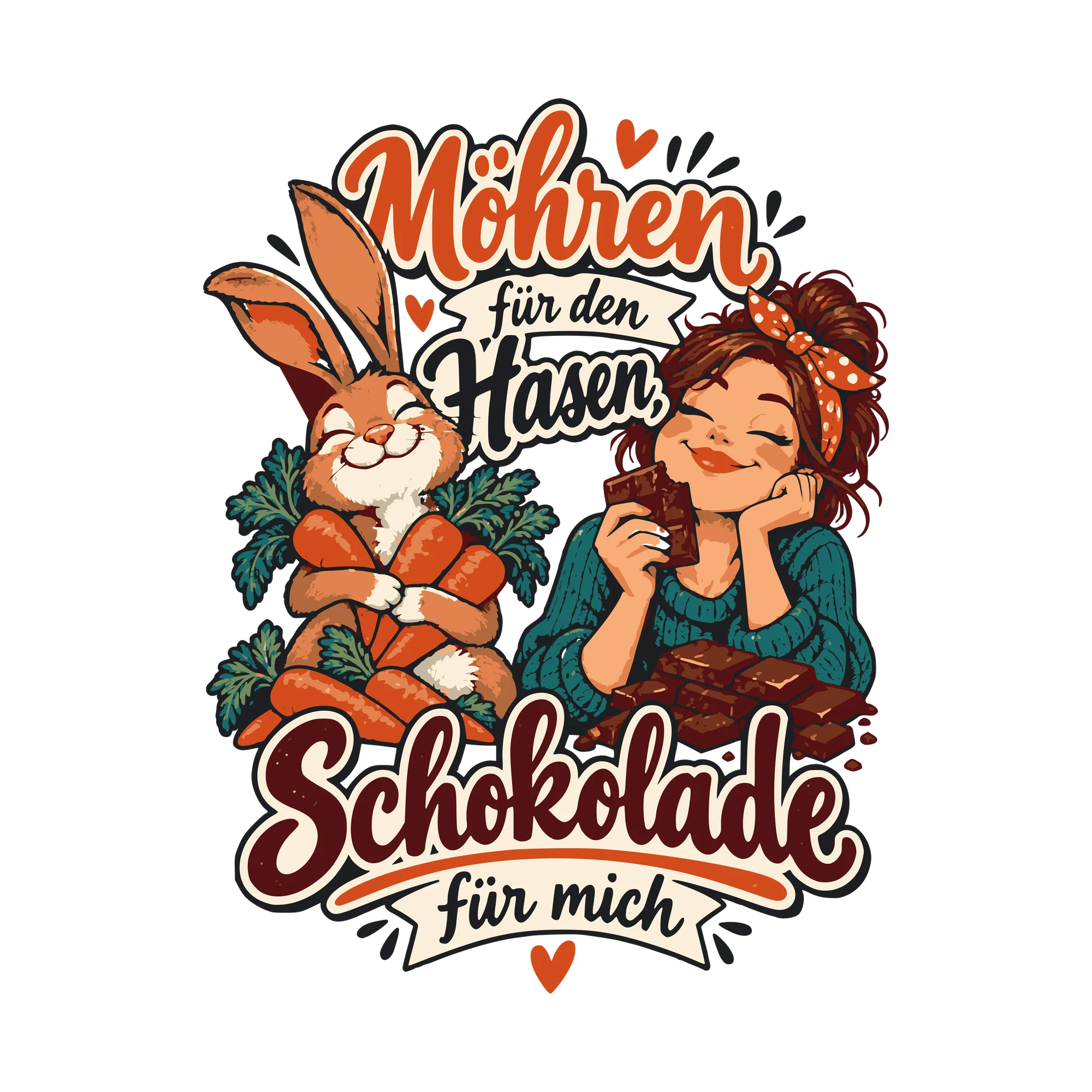 Bügelbild Möhren für den Hasen, Schokolade für mich als Grafik auf weißem Hintergrund (BB011216)