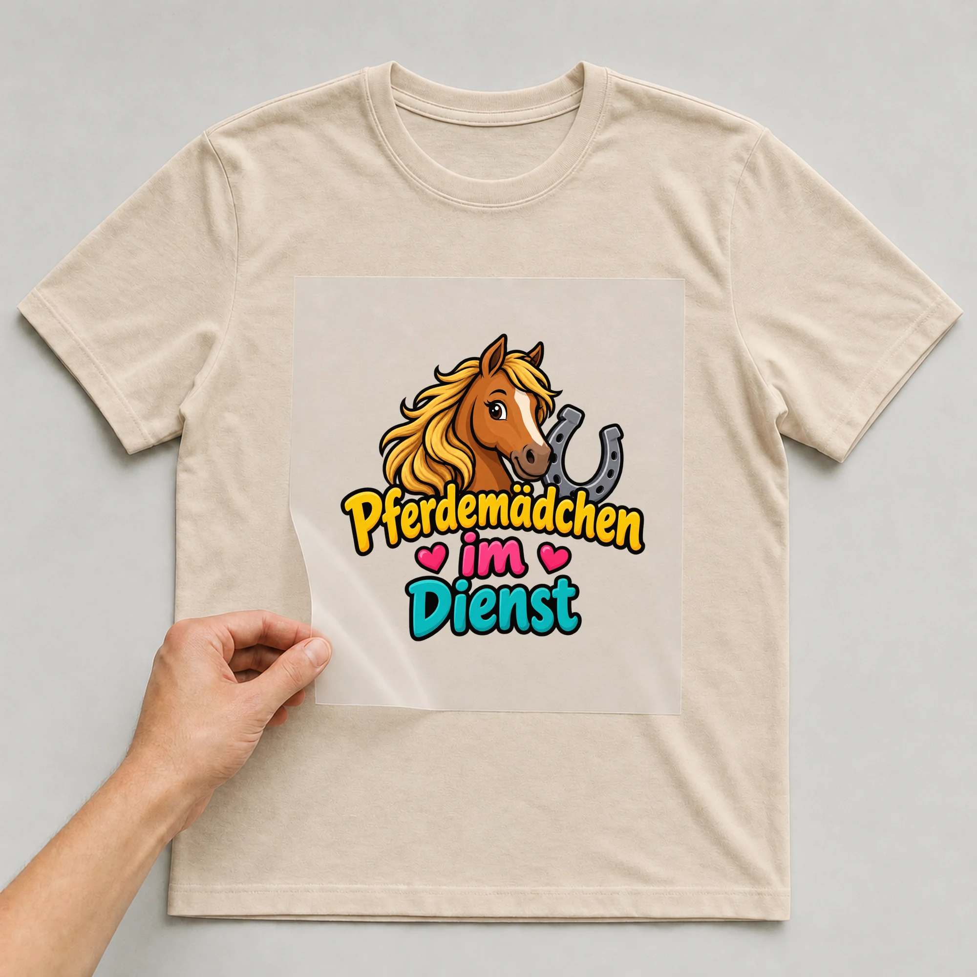 Bügelbild „Pferdemädchen im Dienst“ auf beigem T-Shirt, Folie wird aufgelegt