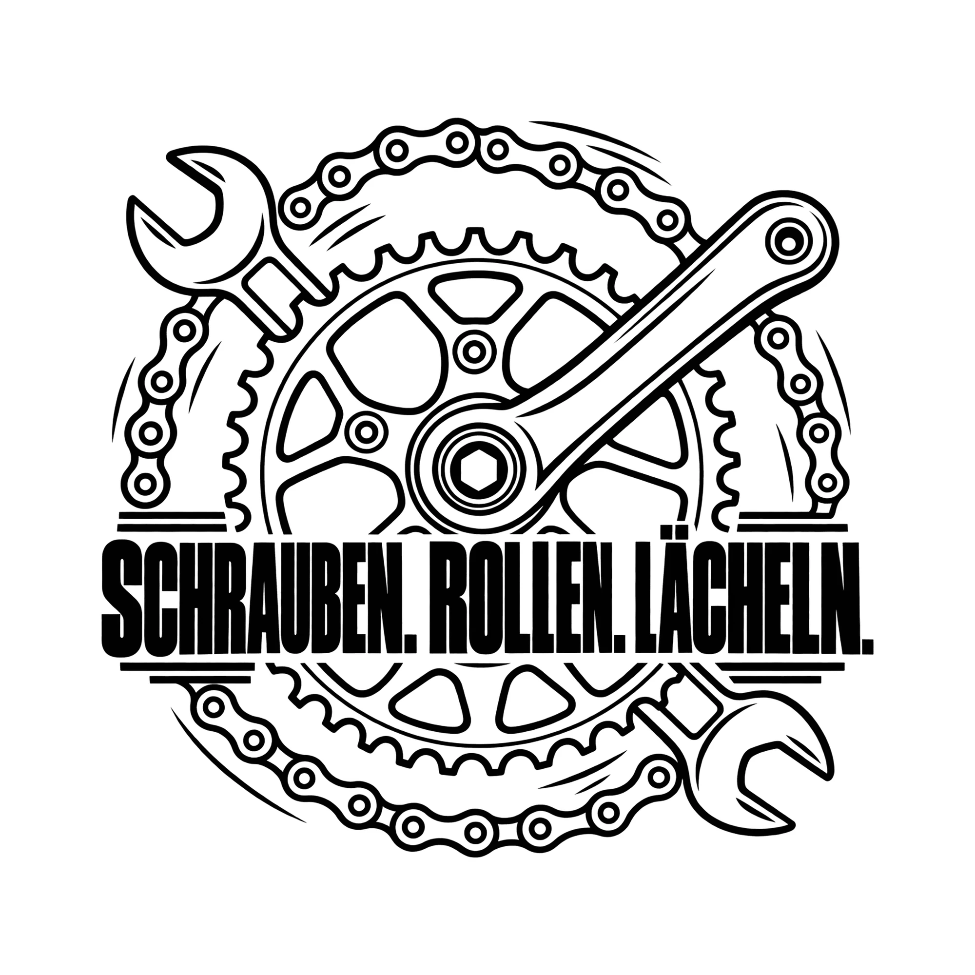 Bügelbild SCHRAUBEN. ROLLEN. LÄCHELN. als Grafik auf weißem Hintergrund (BB013764)