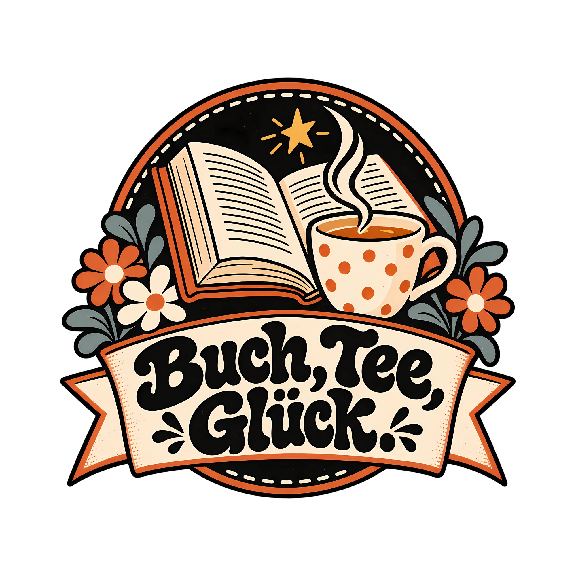 Bügelbild Buch, Tee, Glück. als Grafik auf weißem Hintergrund (BB012875)