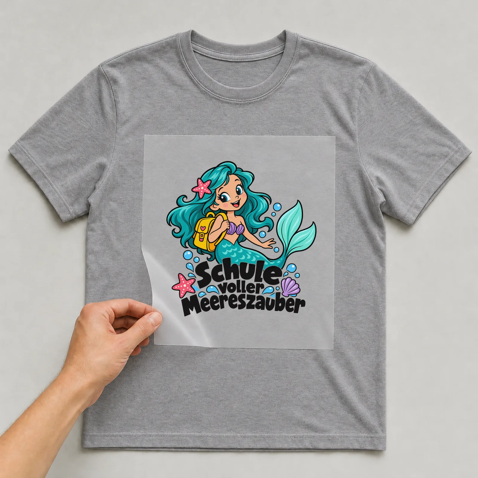 Bügelbild „Schule voller Meereszauber“ auf grauem T-Shirt, Folie wird aufgelegt