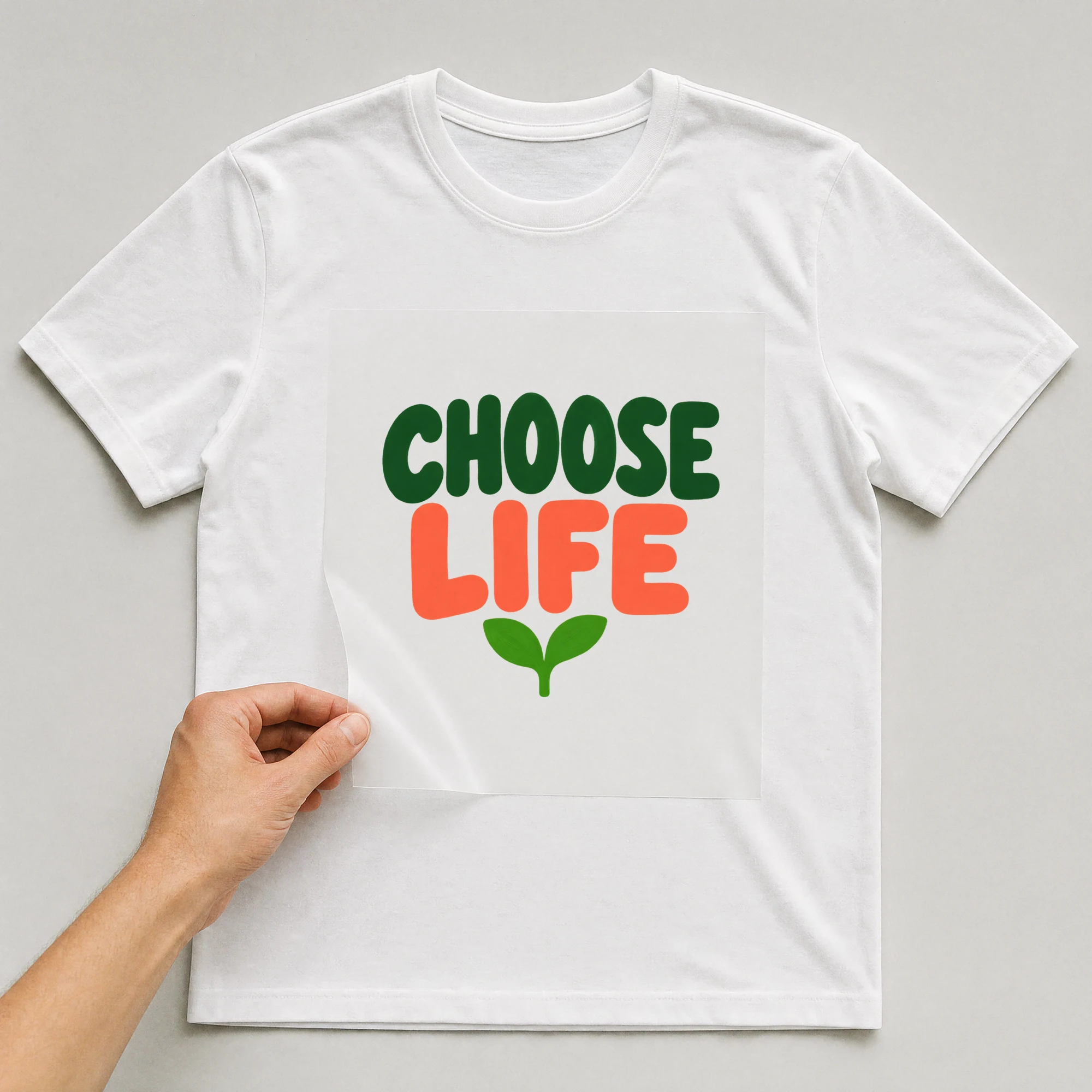 Bügelbild „Choose Life“ auf weißem T-Shirt, Folie wird aufgelegt