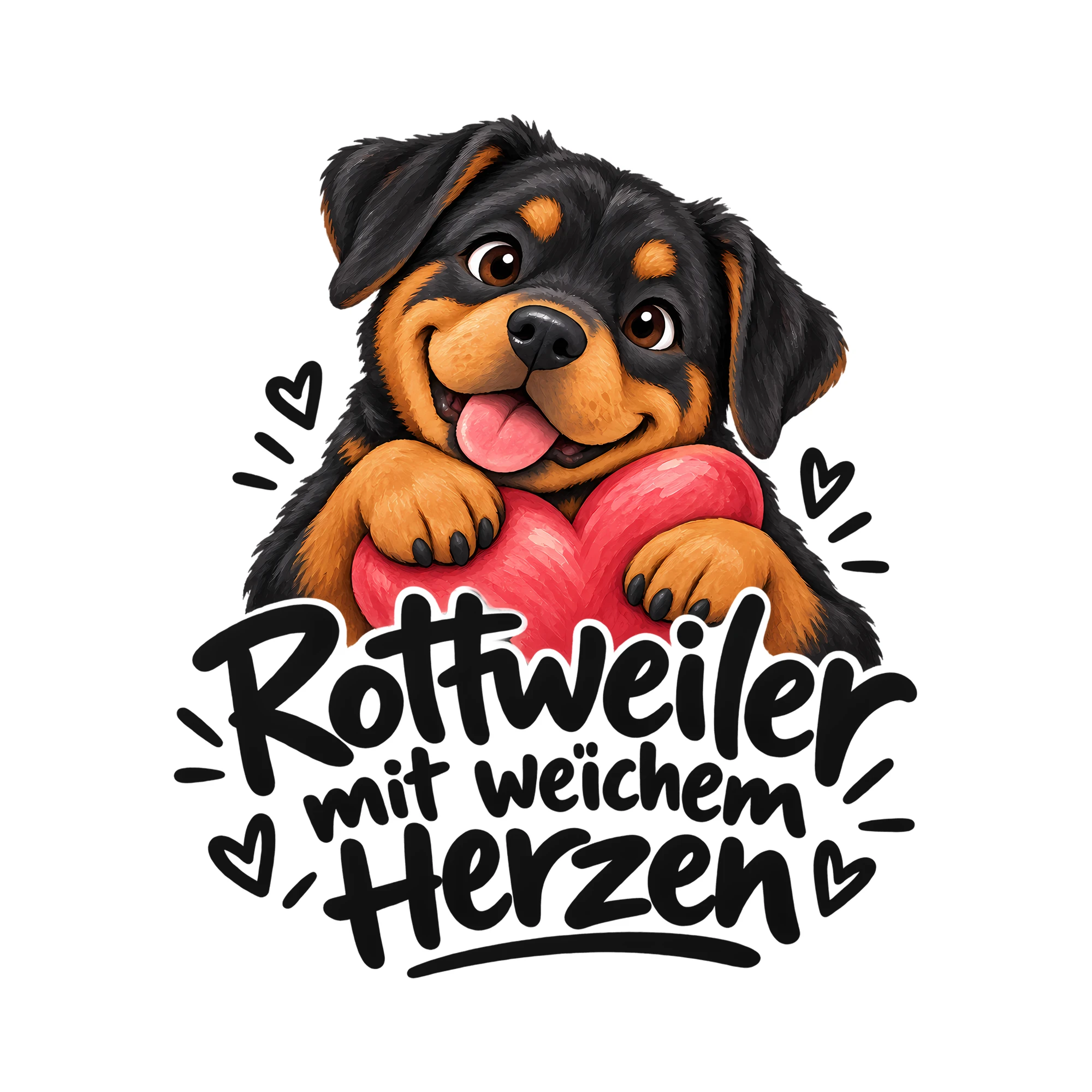 Bügelbild Rottweiler mit weichem Herzen als Grafik auf weißem Hintergrund (BB013488)