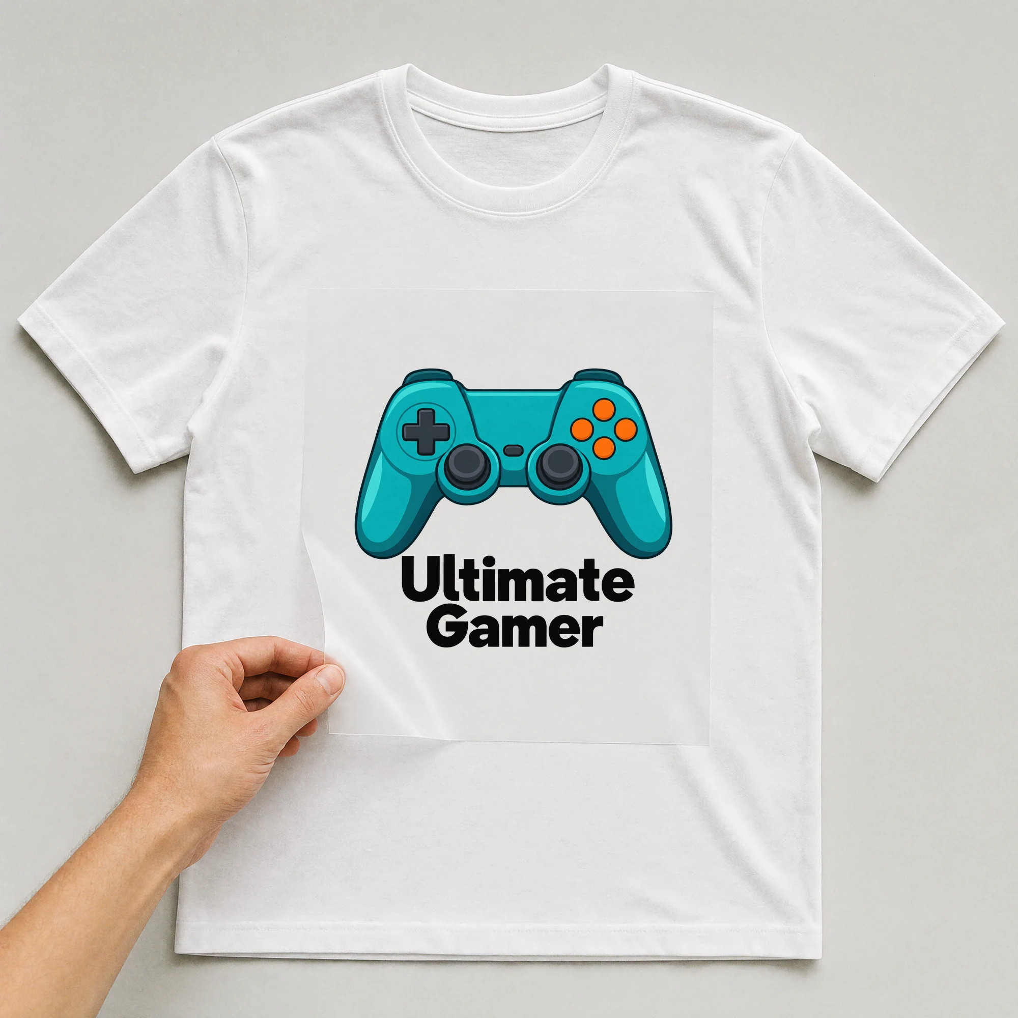 Bügelbild „Ultimate Gamer“ auf weißem T-Shirt, Folie wird aufgelegt